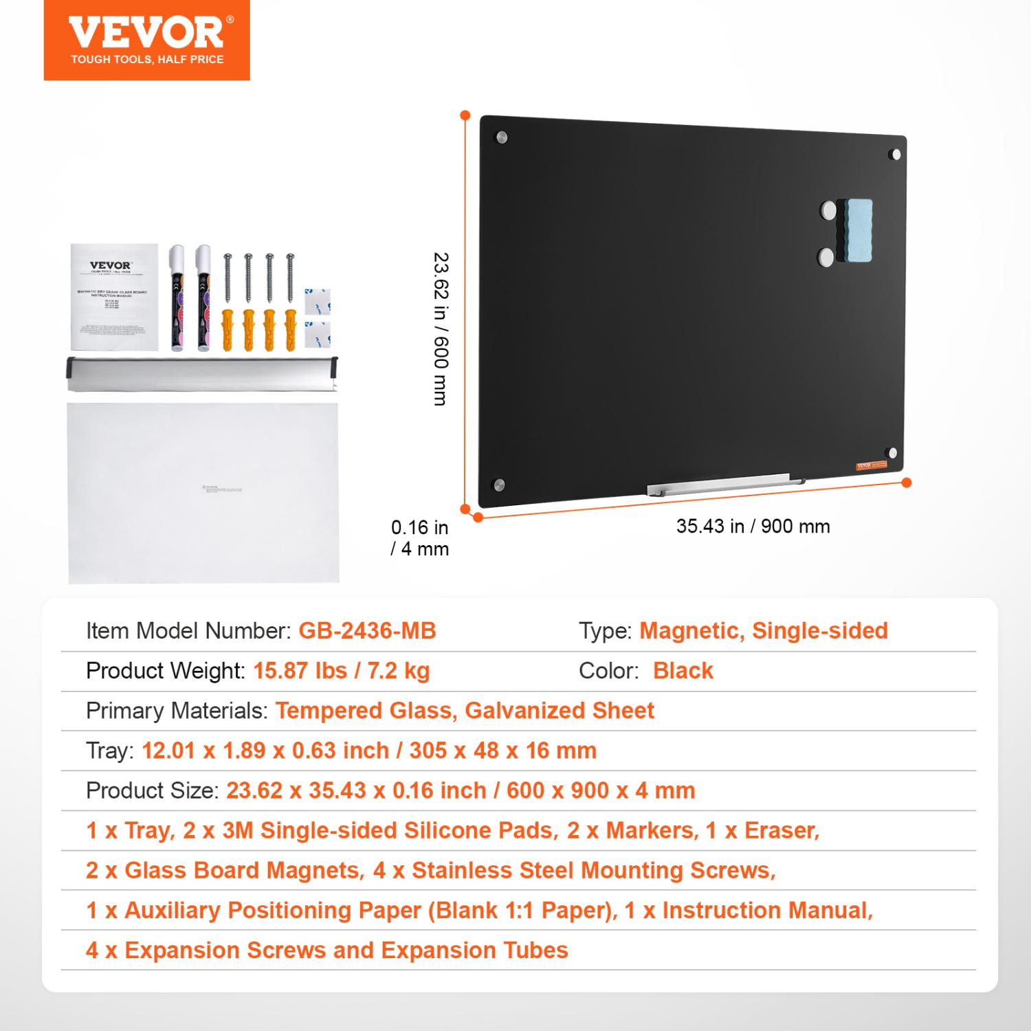 VEVOR 36"x24" Magnetic Glass Whiteboard, Dry Erase Board, Wall-Mounted Large White Glassboard Frameless, with Marker Tray, an Eraser and 2 Markers,