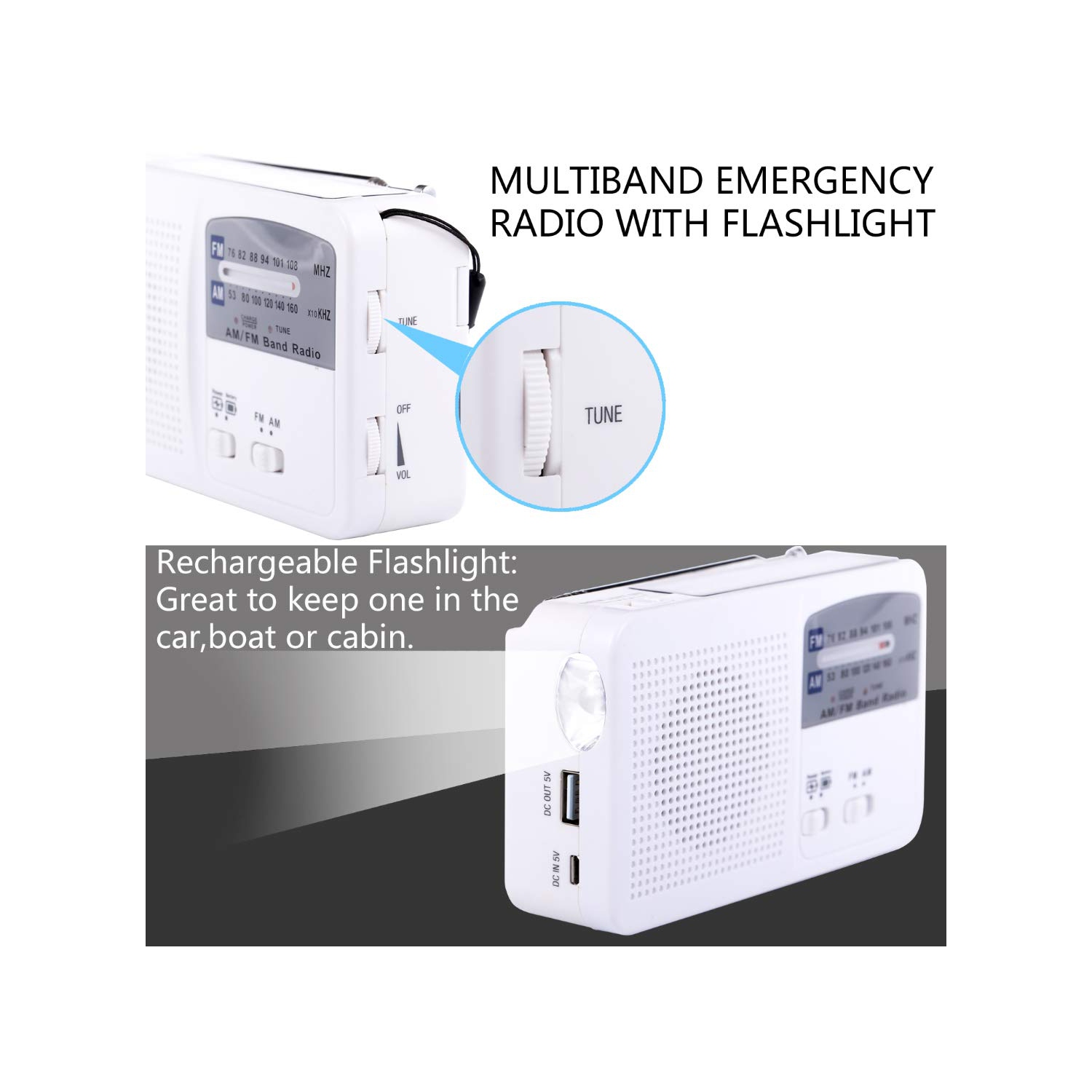 Radio d'urgence avec solaire et manivelle auto-alimentée, batterie USB Recharge radio FM/AM LED Lampe de poche Chargeur de téléphone cellulaire