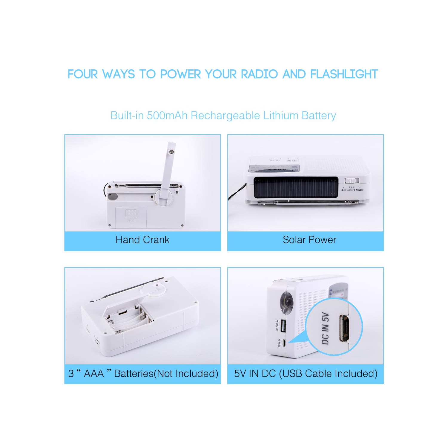 Radio d'urgence avec solaire et manivelle auto-alimentée, batterie USB Recharge radio FM/AM LED Lampe de poche Chargeur de téléphone cellulaire