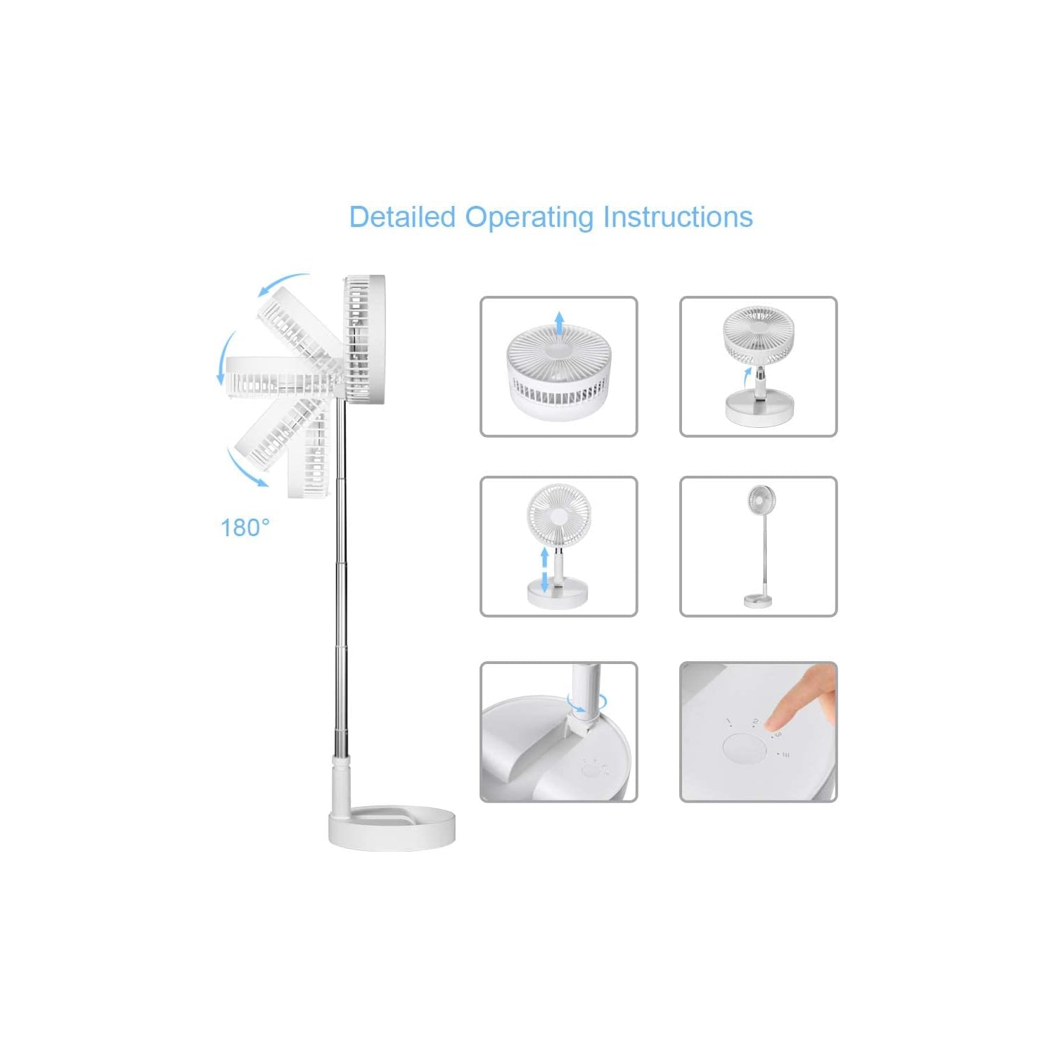 Quiet Fan with Remote Control Portable Rechargeable Folding Fan Battery Powered Fan with Timer 4 Speeds Turbo Air Circulation Fan for Camping Travel