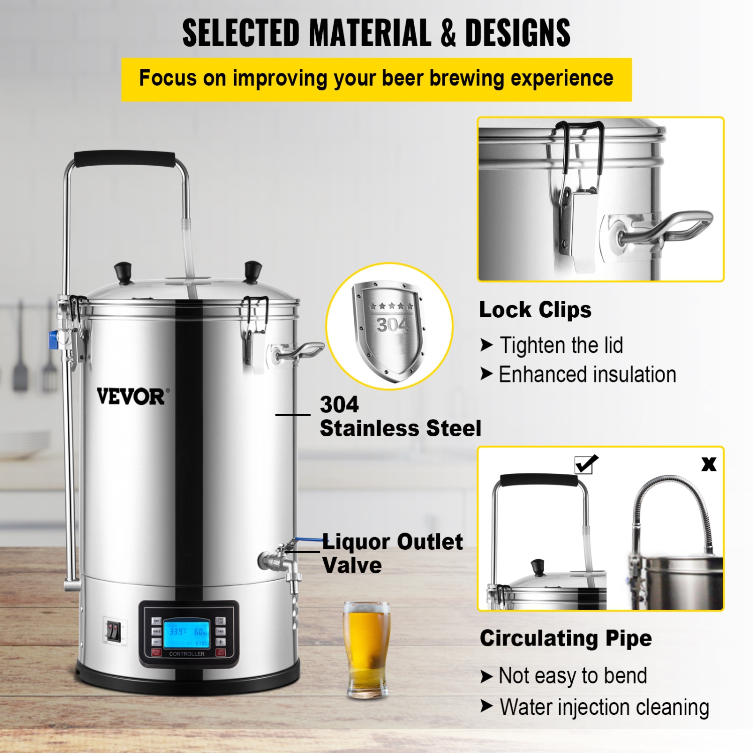 VEVOR 9.2 Gal/35 L Electric Brewing System, Home Beer Brewer with Pump, Mash Boil Device with Panel, Auto/Manual Mode 100-1800W Power 25-100℃ Temp