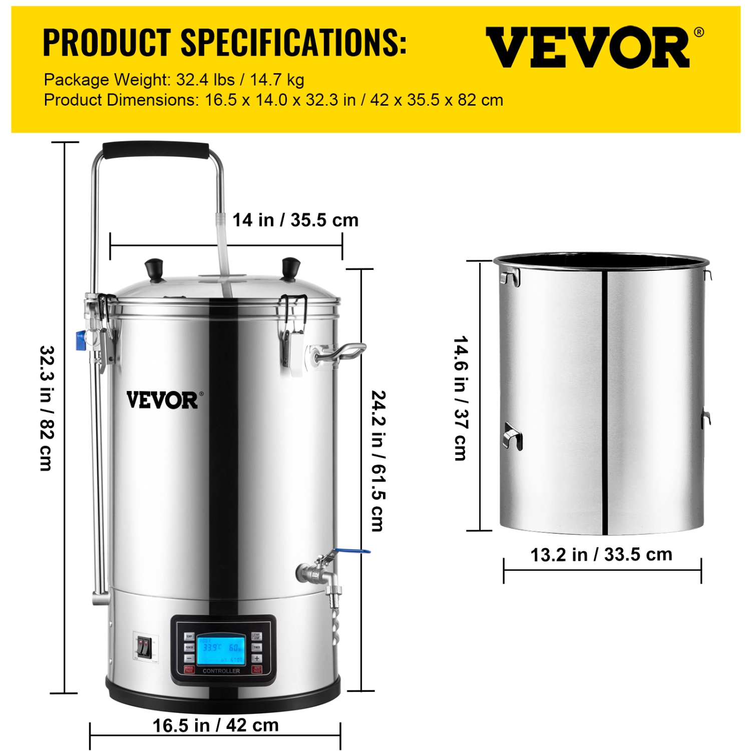VEVOR 9.2 Gal/35 L Electric Brewing System, Home Beer Brewer with Pump, Mash Boil Device with Panel, Auto/Manual Mode 100-1800W Power 25-100℃ Temp