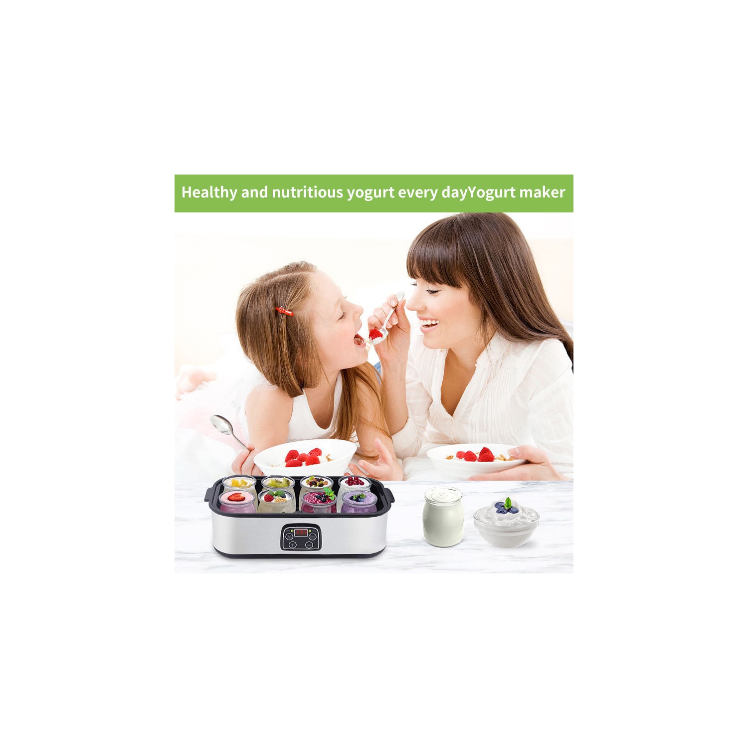 Yaourtière automatique à yaourtière numérique avec 8 pots en verre Écran LCD avec contrôle constant de la température pour usage domestique