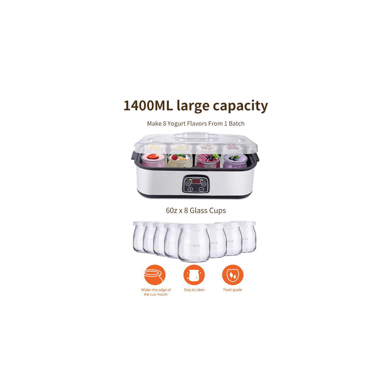 Yaourtière automatique à yaourtière numérique avec 8 pots en verre Écran LCD avec contrôle constant de la température pour usage domestique