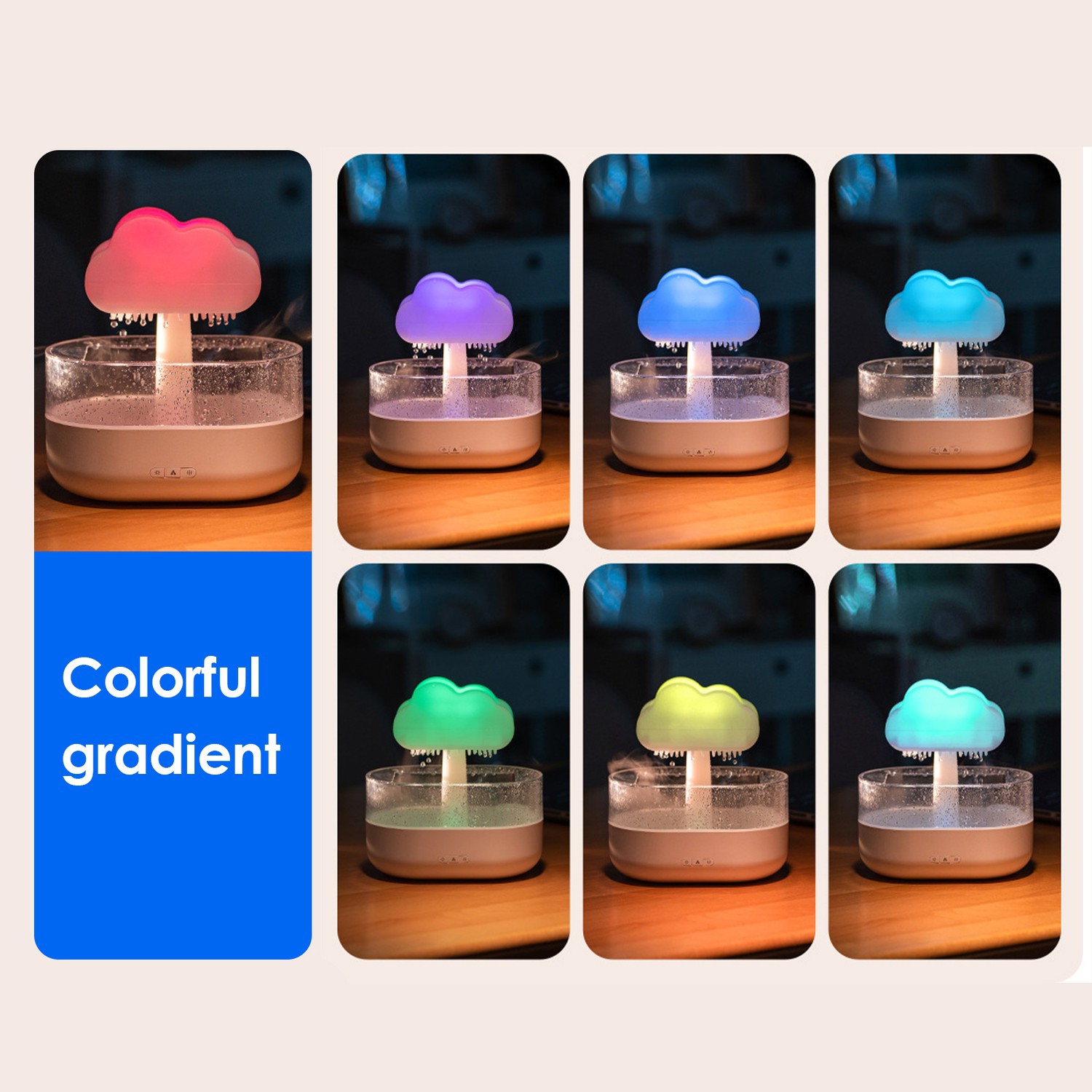 Humidificateur 7 couleurs Mushroom Rain Cloud Humidificateur goutte d'eau, 2 en 1 Diffuseur Rain Cloud Diffuser Humidificateur aromathérapie