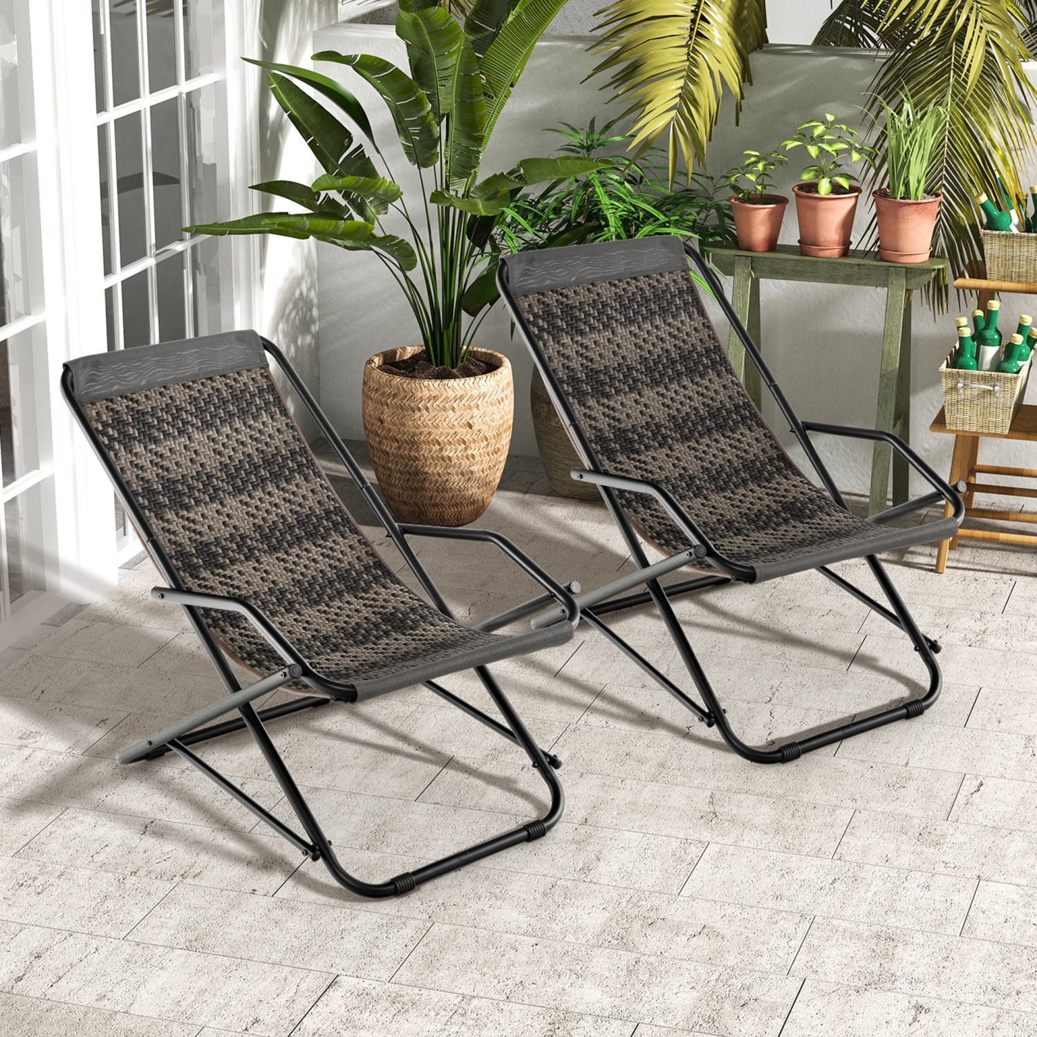 Costway 1PC Patio Folding Rattan Sling Chair Rocking Lounge Chaise Armrest Garden Portable