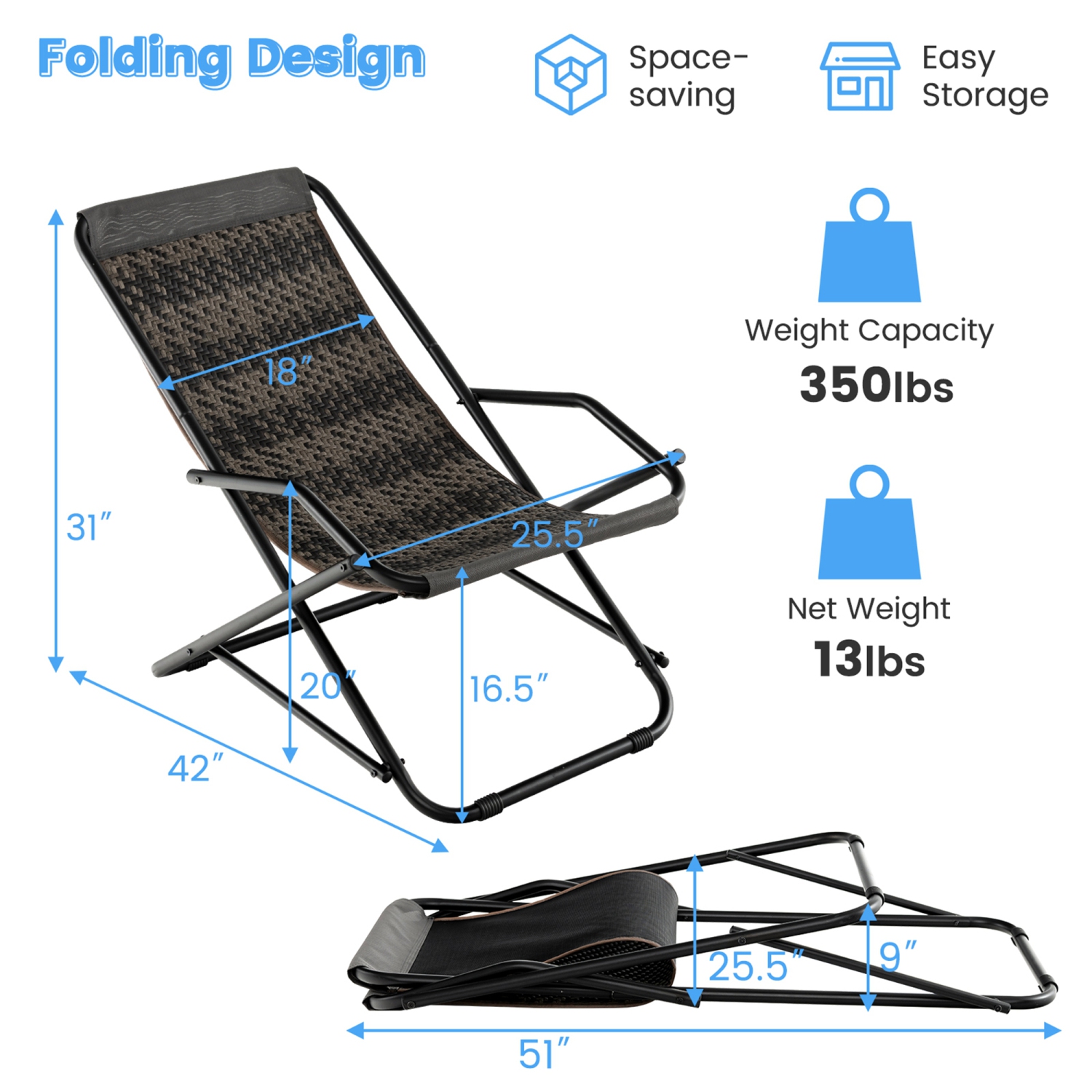 Costway 1PC Patio Folding Rattan Sling Chair Rocking Lounge Chaise Armrest Garden Portable