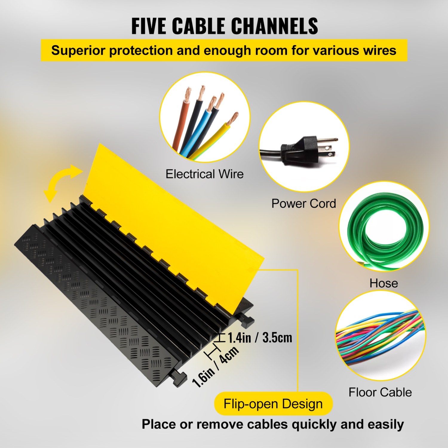 VEVOR 5 Channel Cable Protectors Extreme Rubber Cable Ramps Heavy Duty Protective Cable Wire Cord Driveway Rubber Traffic Speed Bumps Cable Protector