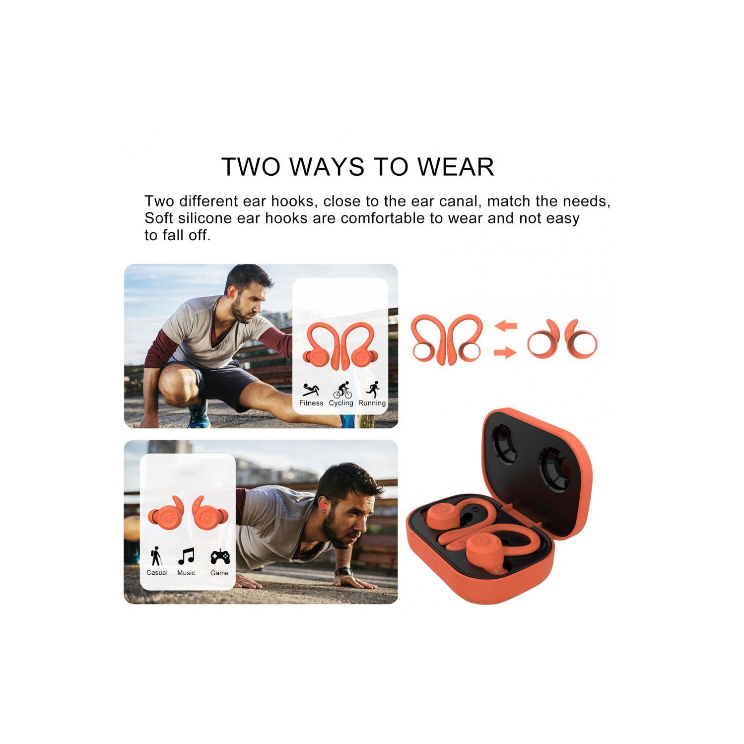 Écouteurs sans fil Bluetooth Sport Écouteurs étanches Casque d'écoute stéréo Hi-Fi à bruit avec micro-orange