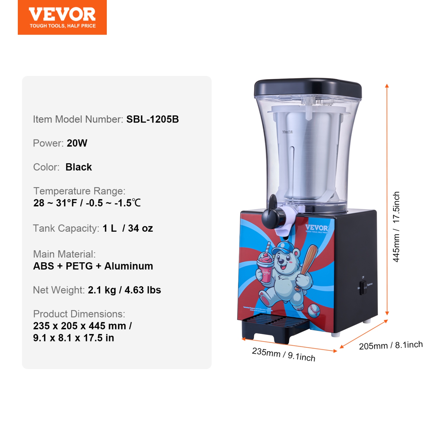 VEVOR 34oz Slushy Machine for Home, Tank Home-use Margarita Machine, Smoothie Frozen Drink Maker with Food-grade Materials, Slushie Machine for Home