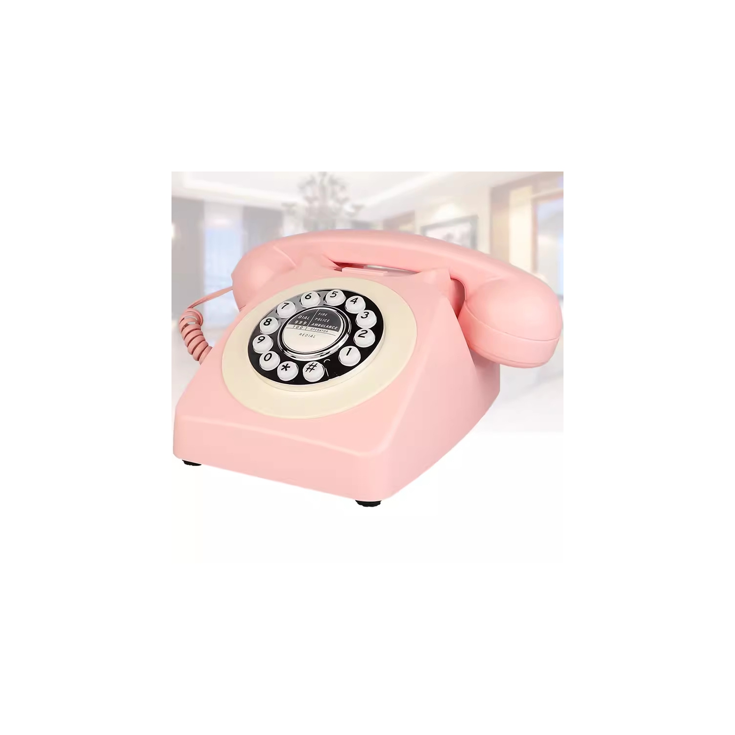 Ancien bureau de téléphone rétro ligne terrestre à cadran rotatif de chambre d'hôtel fixe - rose