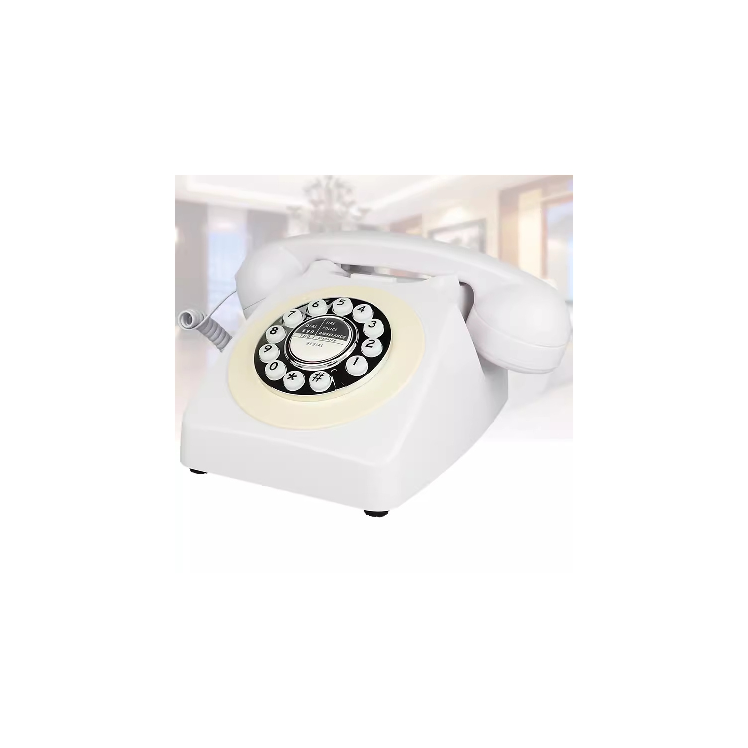 Old retro telephone office landline rotary dial hotel room landline - White