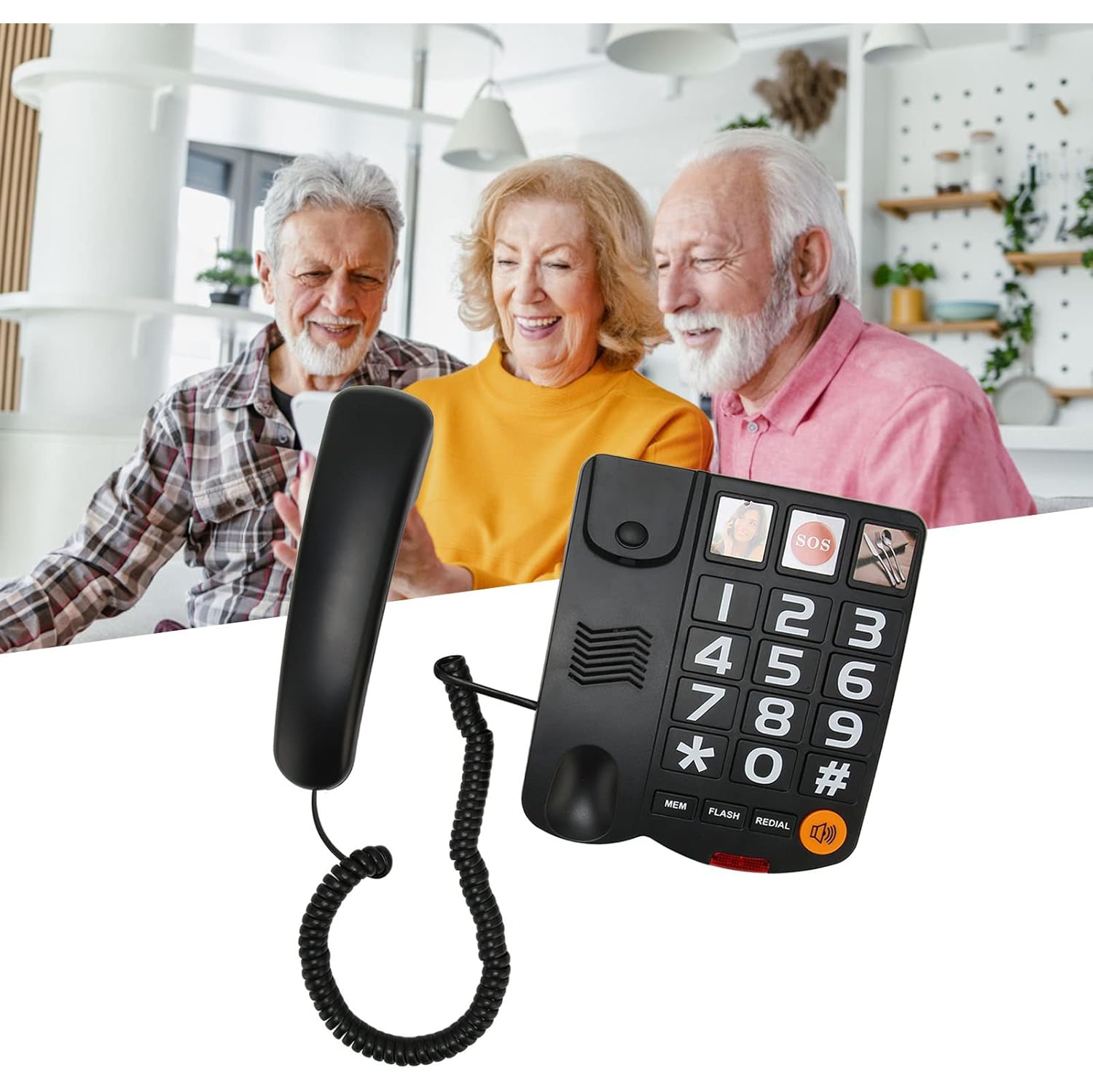 Grand téléphone fixe pour aînés, téléphone fixe avec fil, composition à une touche, téléphone mains libres pour les personnes malentendantes et