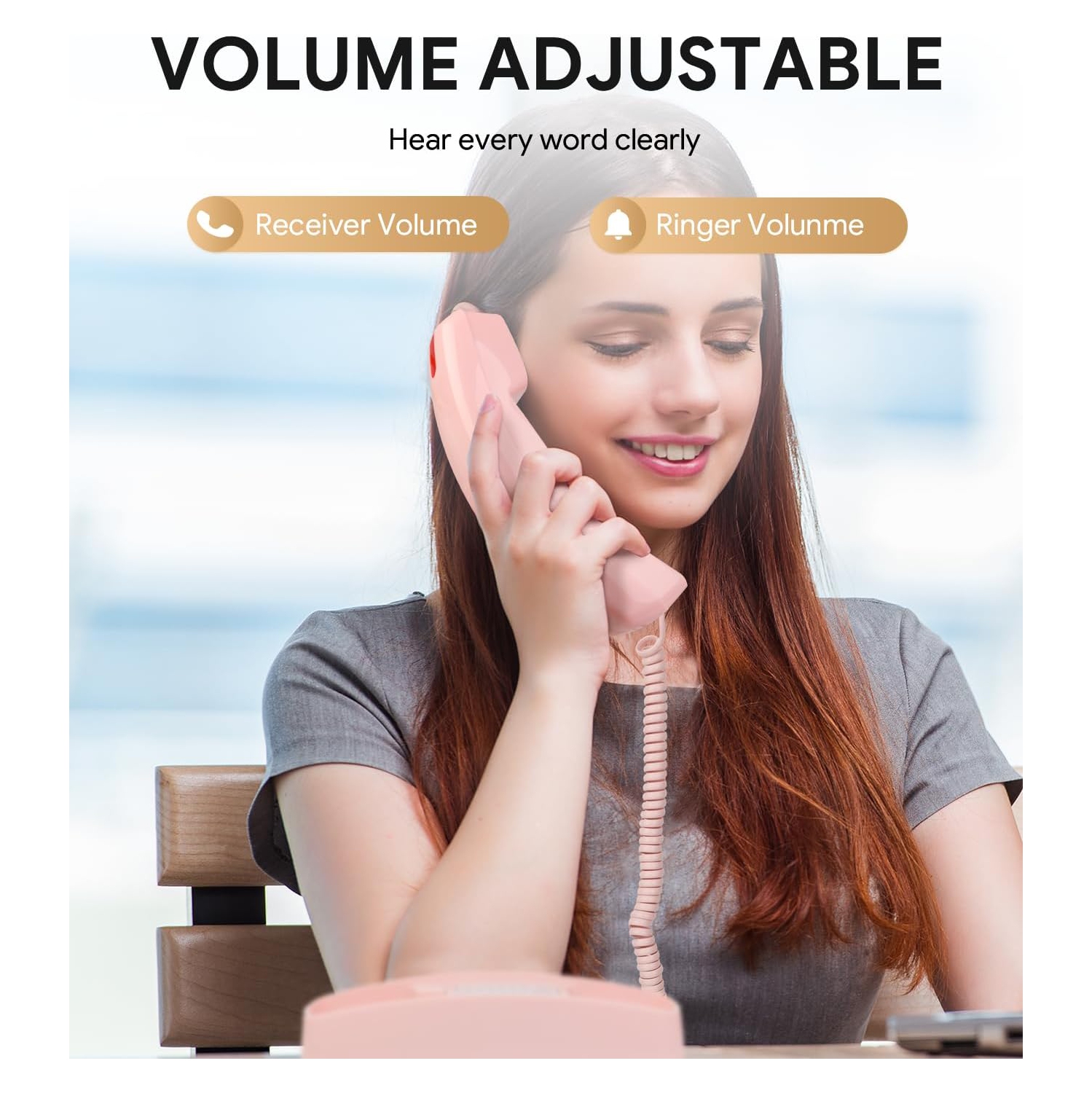 Téléphone mural rétro avec grand clavier éclairé, aucune alimentation c.a., sonnerie visuelle forte, recomposition, commande de volume, téléphone