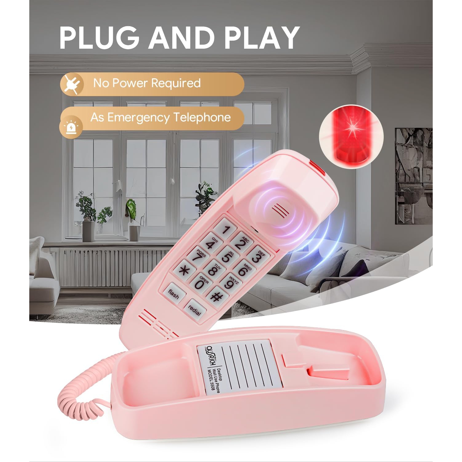 Téléphone mural rétro avec grand clavier éclairé, aucune alimentation c.a. requise, sonnerie visuelle forte, recomposition, commande de volume,