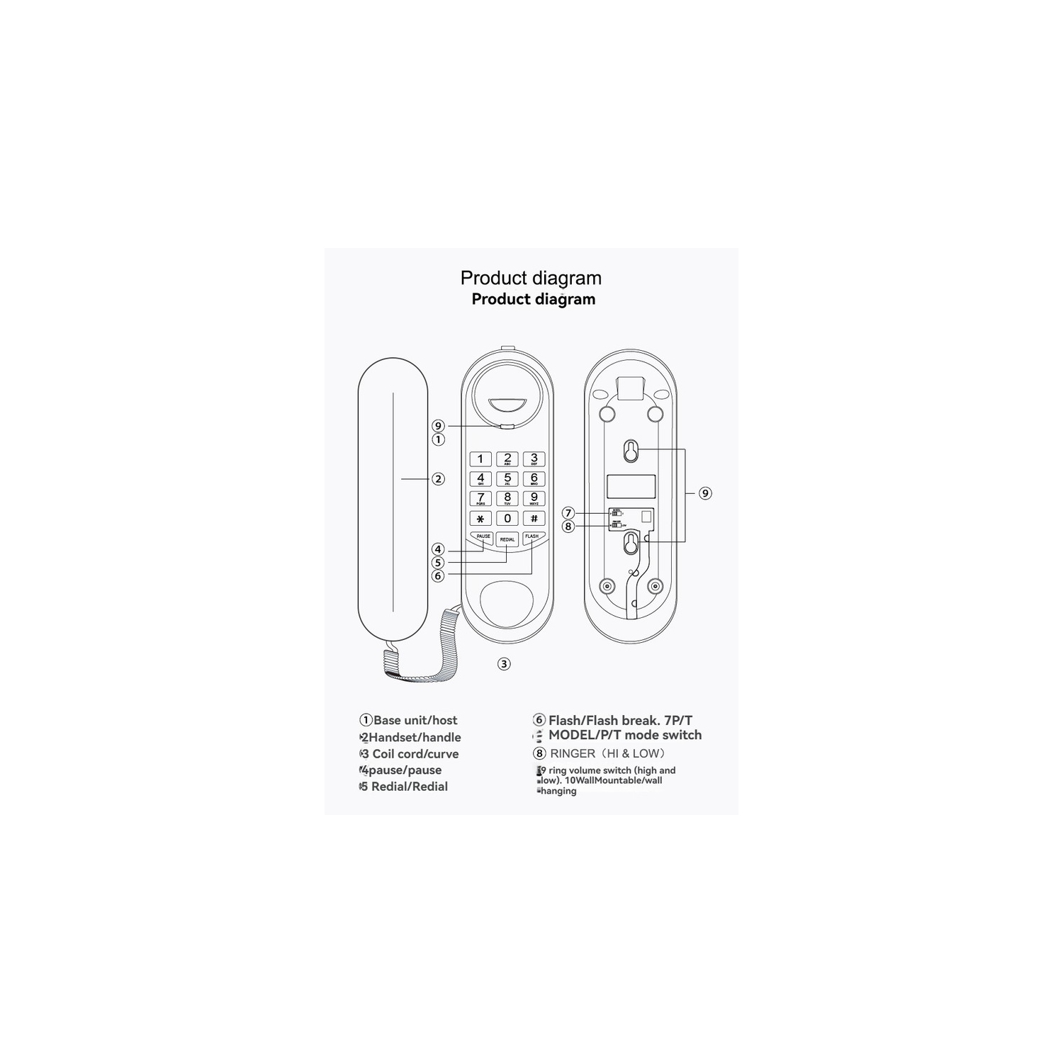 Téléphone filaire mural - téléphone fixe - pour le bureau ou la maison, écologique et écoénergétique, téléphone de bureau avec fil pour la maison et