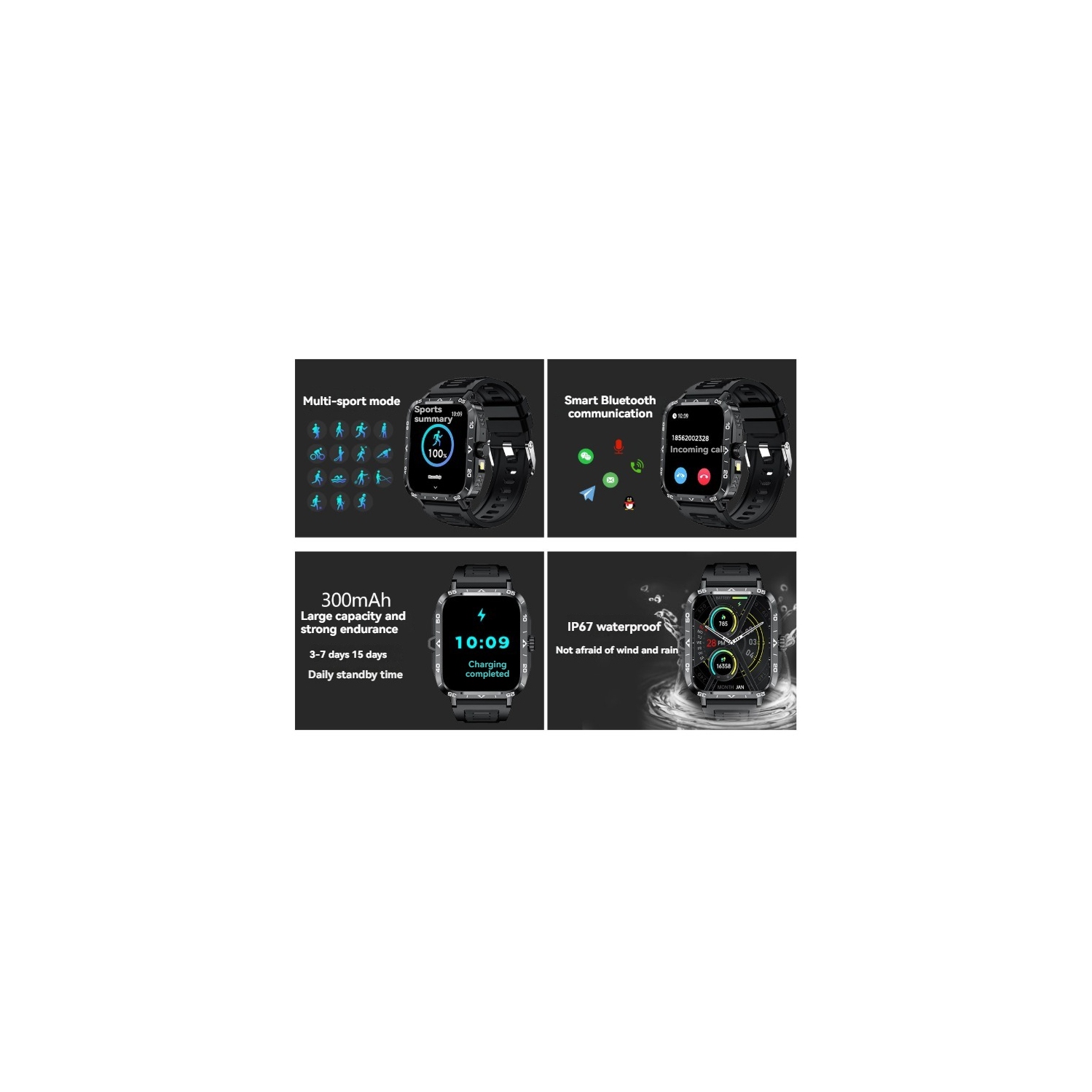 Smart Watch Flashlight Make Phone Calls Sleep Blood Pressure Health Monitor Outdoor Waterproof - Black