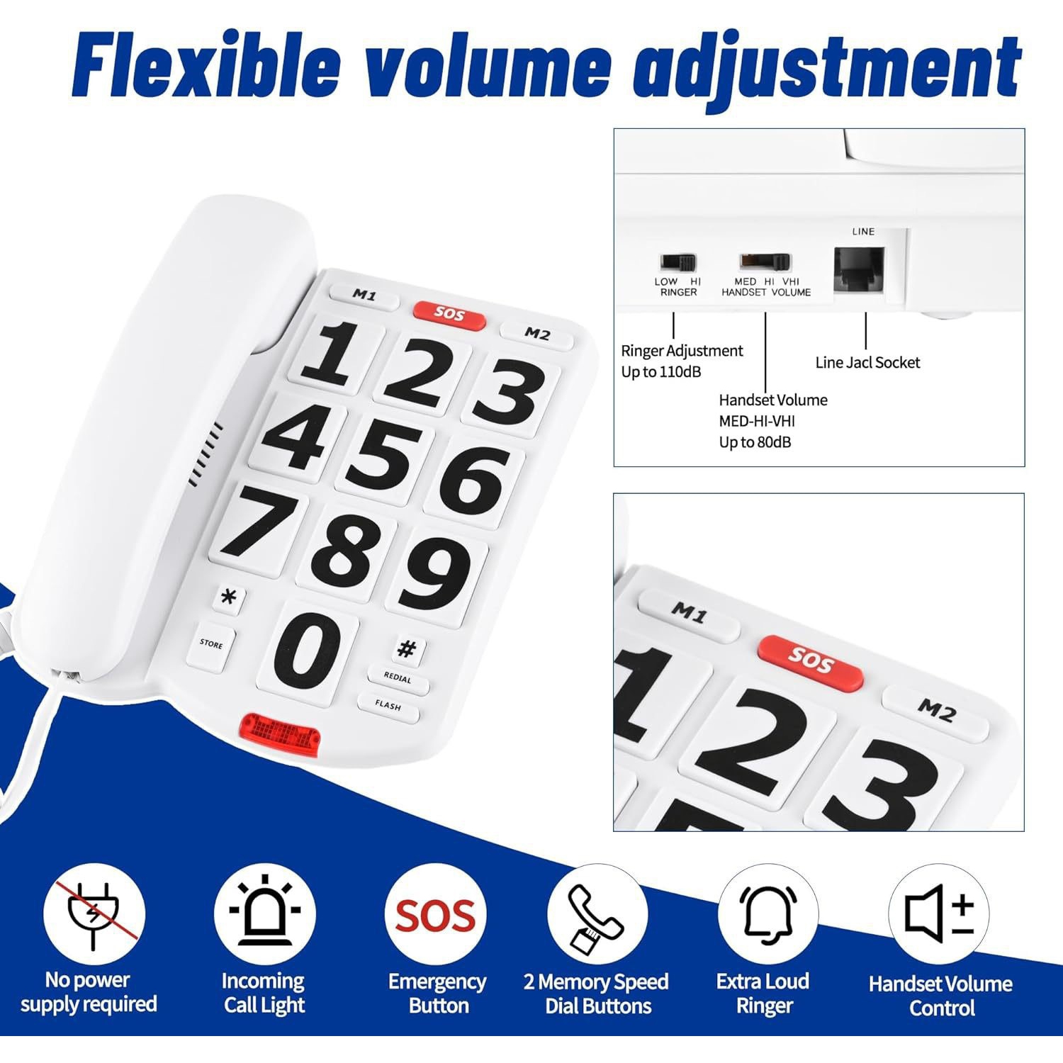 Téléphone résidentiel pour aînés, téléphone fixe avec fil, volume réglable, gros boutons, composition à une touche