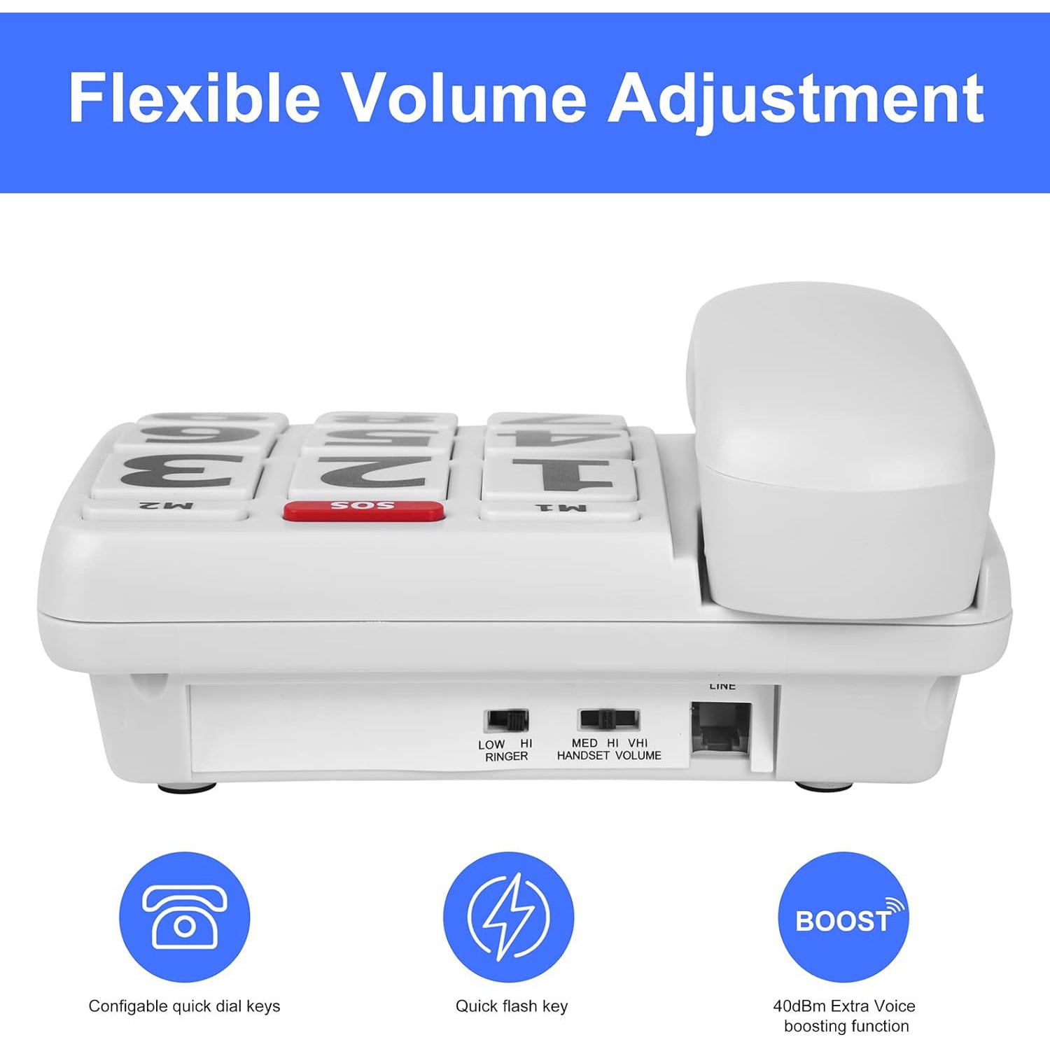 Téléphone résidentiel pour aînés, téléphone fixe avec fil, volume réglable, gros boutons, composition à une touche