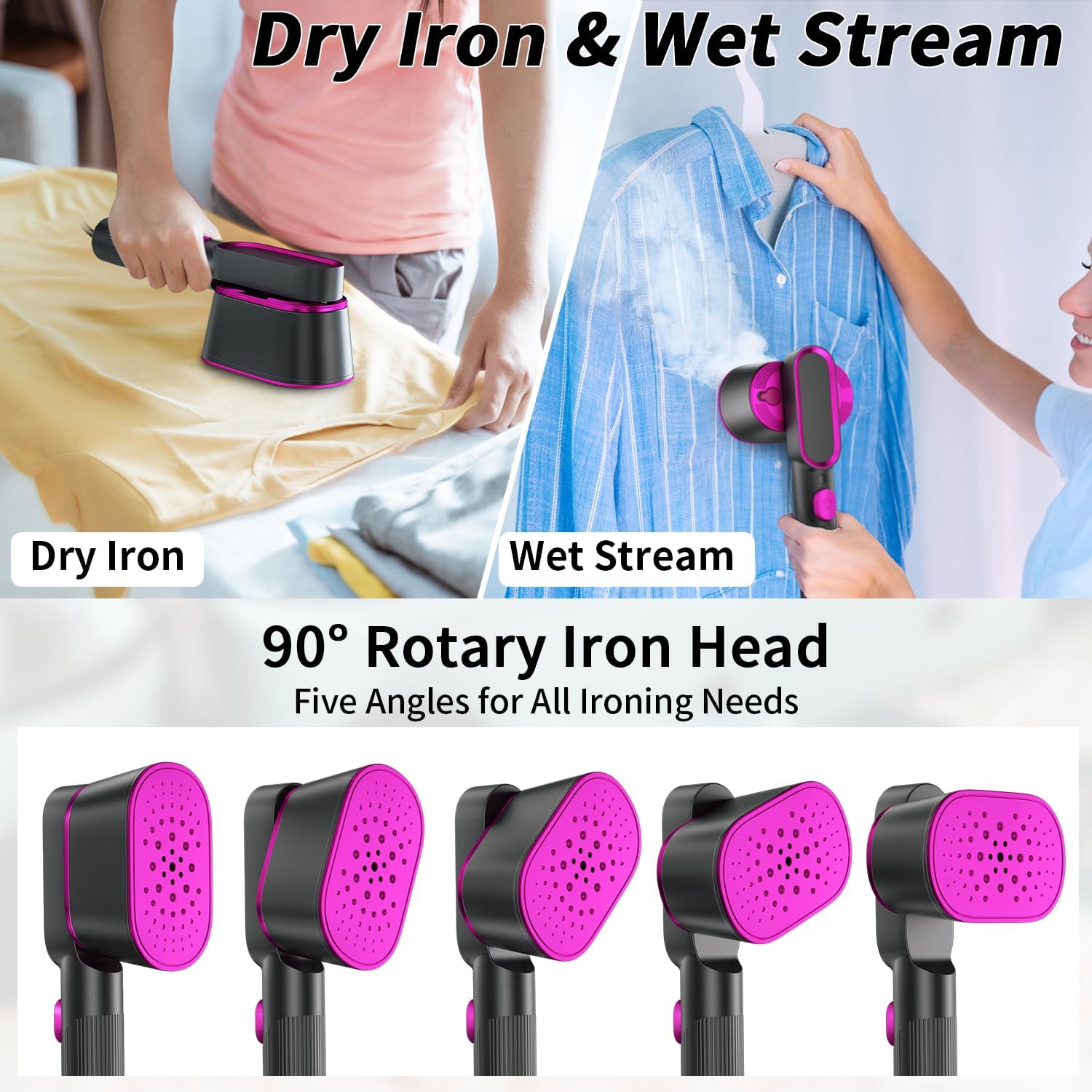 Portable Steam Iron - Fast ironing, 5-speed angle adjustment, 90° rotating iron head, handheld steam iron, suitable for travel and home use