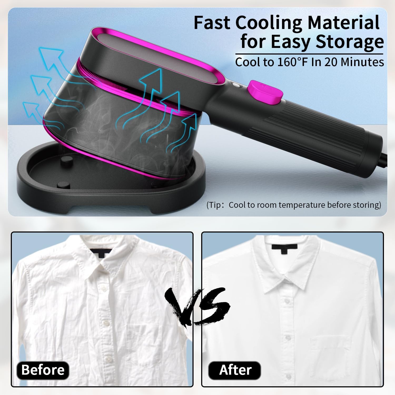 Portable Steam Iron - Fast ironing, 5-speed angle adjustment, 90° rotating iron head, handheld steam iron, suitable for travel and home use