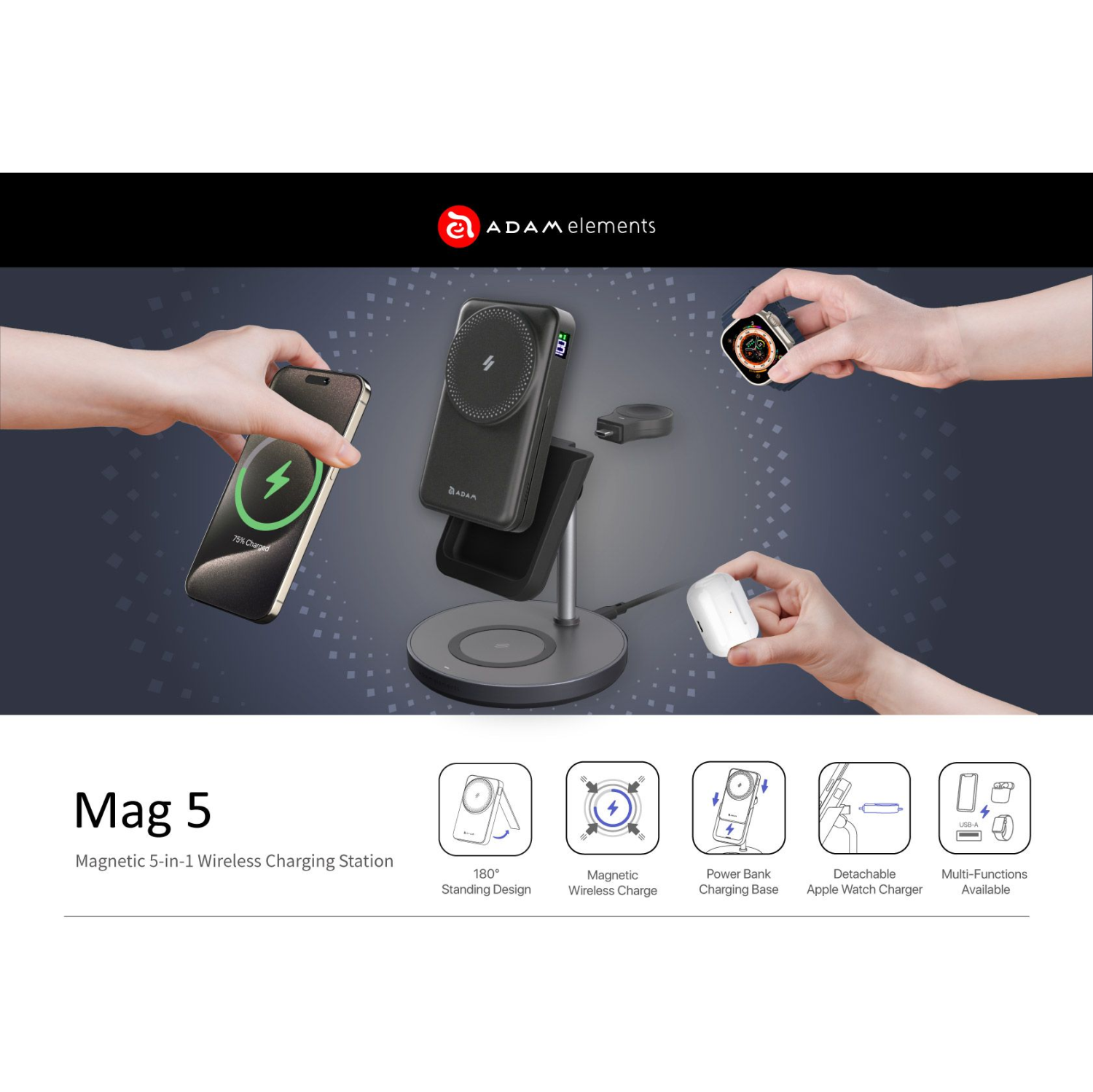 ADAM Elements Magnetic Wireless Mag 5 5-in-1 Power Charging Station with 10,000 mAh Power Bank for iPhone 12/13/14/15/16 series, Apple Watch and