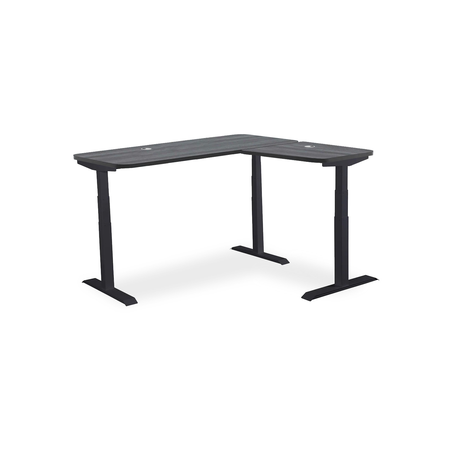Bureau debout en L à trois moteurs MotionGrey avec mémoire, plateau en chêne noir 71 x 65&nbsp;po, cadre noir, table d'ordinateur assis/debout