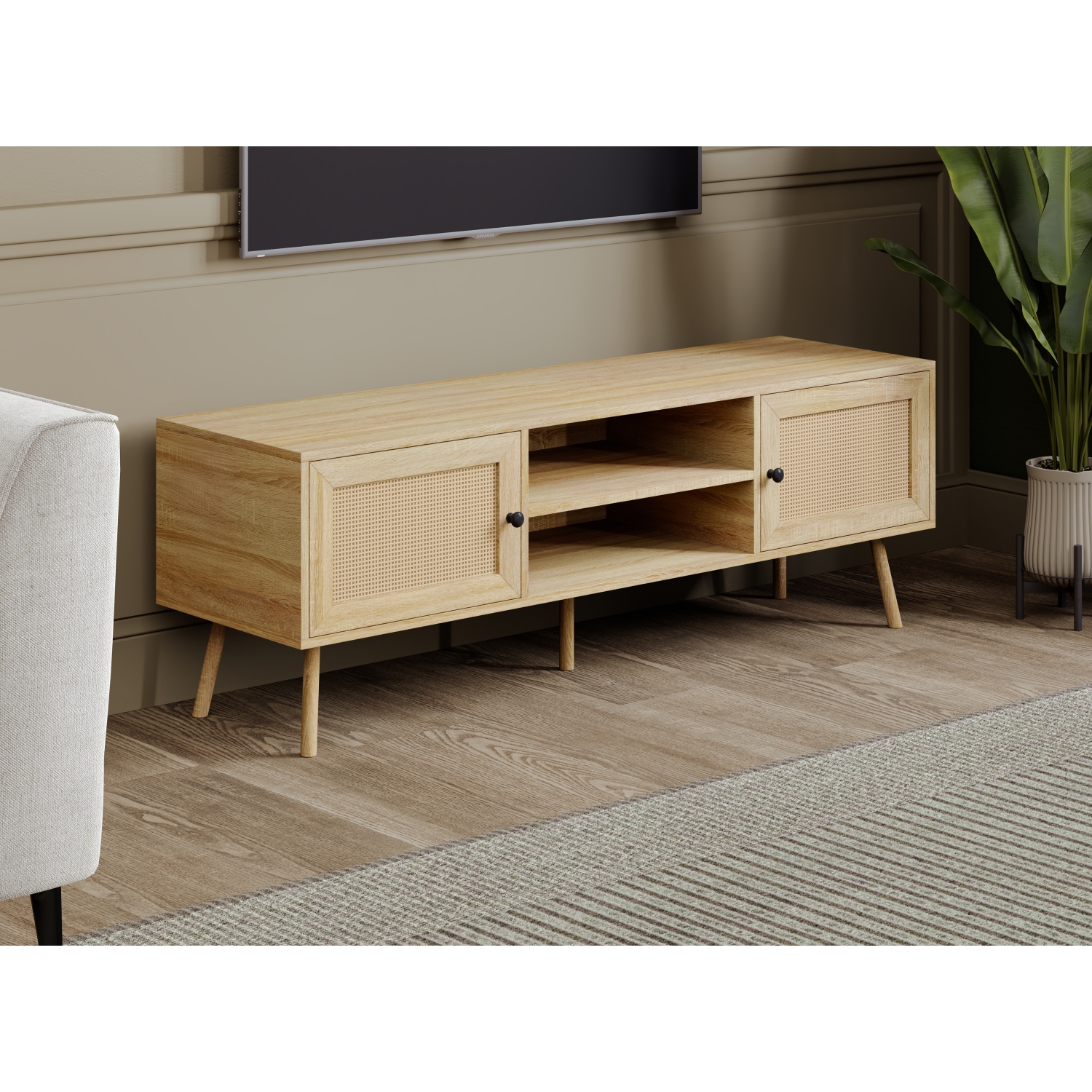 TV Stand for max 65 Inch TV, TV Bench, Entertainment Center TV Console with 2 Storage Cabinets and Shelves, Media Console for Living Room, Bedroom,