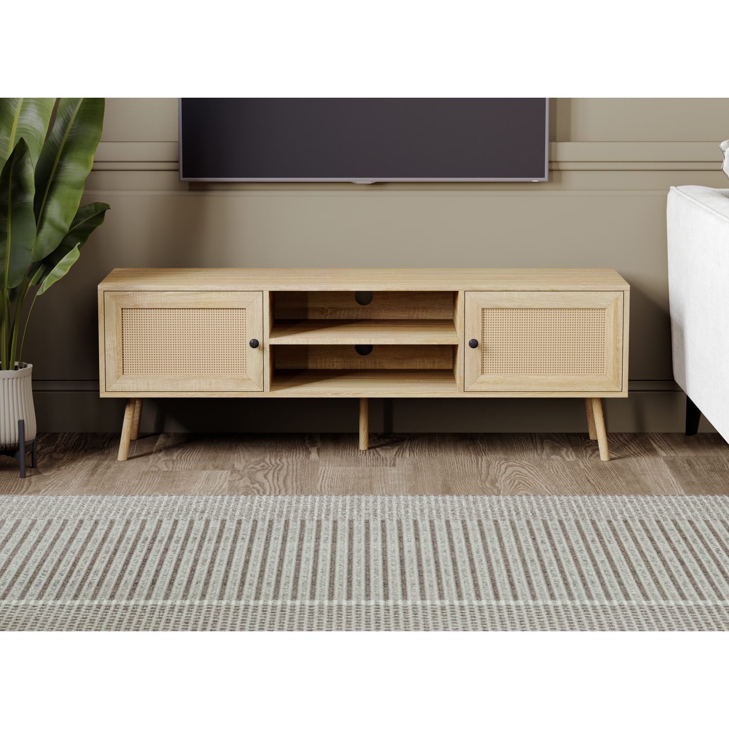 TV Stand for max 65 Inch TV, TV Bench, Entertainment Center TV Console with 2 Storage Cabinets and Shelves, Media Console for Living Room, Bedroom,