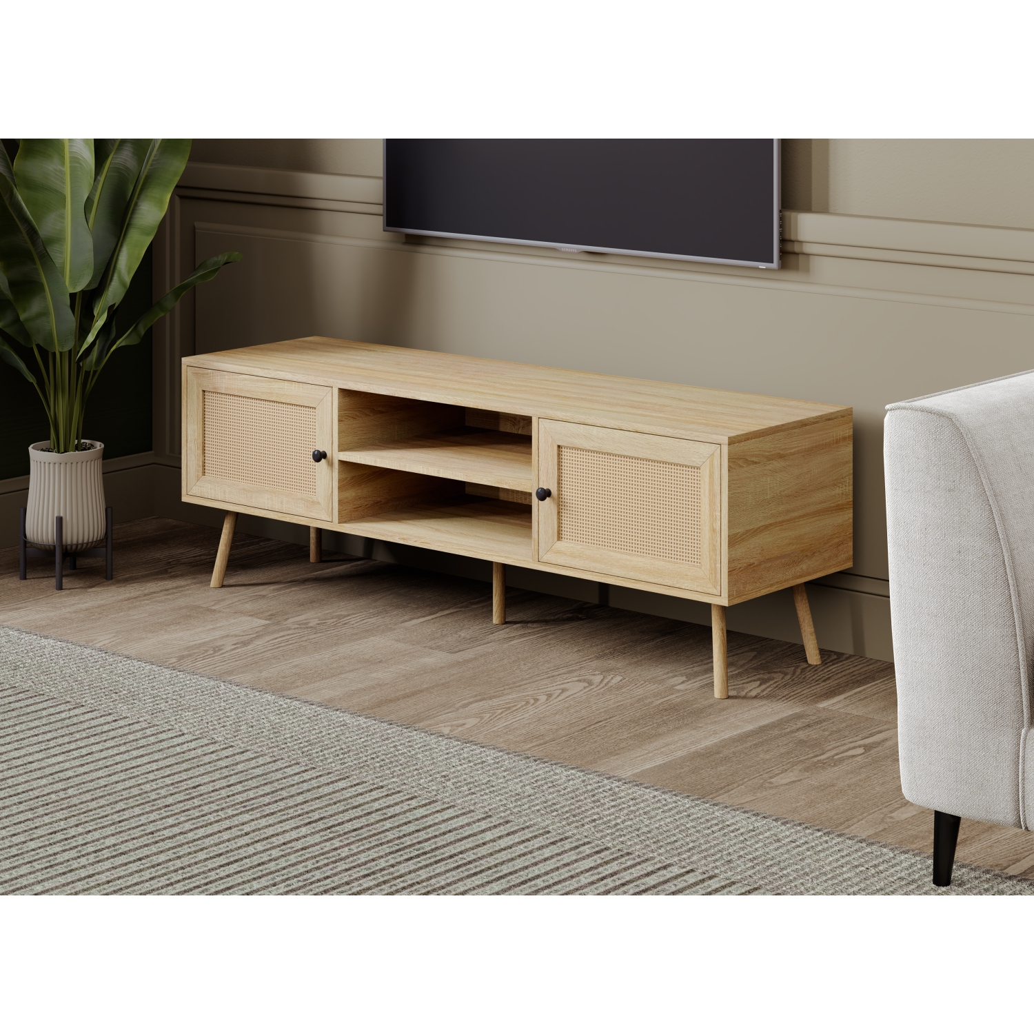 TV Stand for max 65 Inch TV, TV Bench, Entertainment Center TV Console with 2 Storage Cabinets and Shelves, Media Console for Living Room, Bedroom,