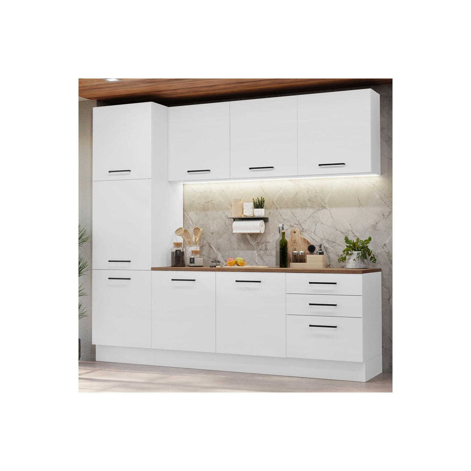 Ensemble de cuisine Hazel de 94&nbsp;po de long. Rangement garde-manger de Madesa 3 tiroirs 2 armoire murale 2 armoire de base Unité de rangement à