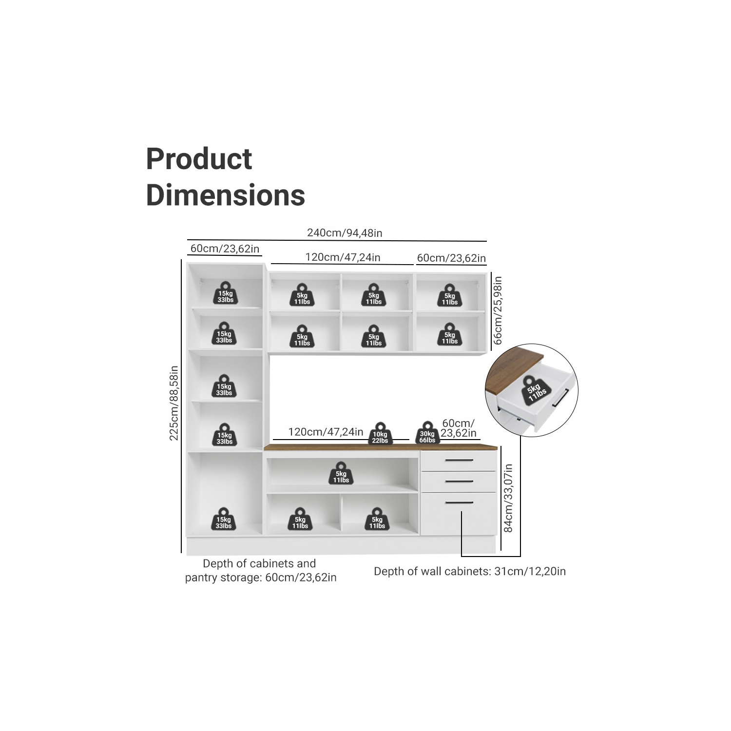 Ensemble de cuisine Hazel de 94&nbsp;po de long. Rangement garde-manger de Madesa 3 tiroirs 2 armoire murale 2 armoire de base Unité de rangement à