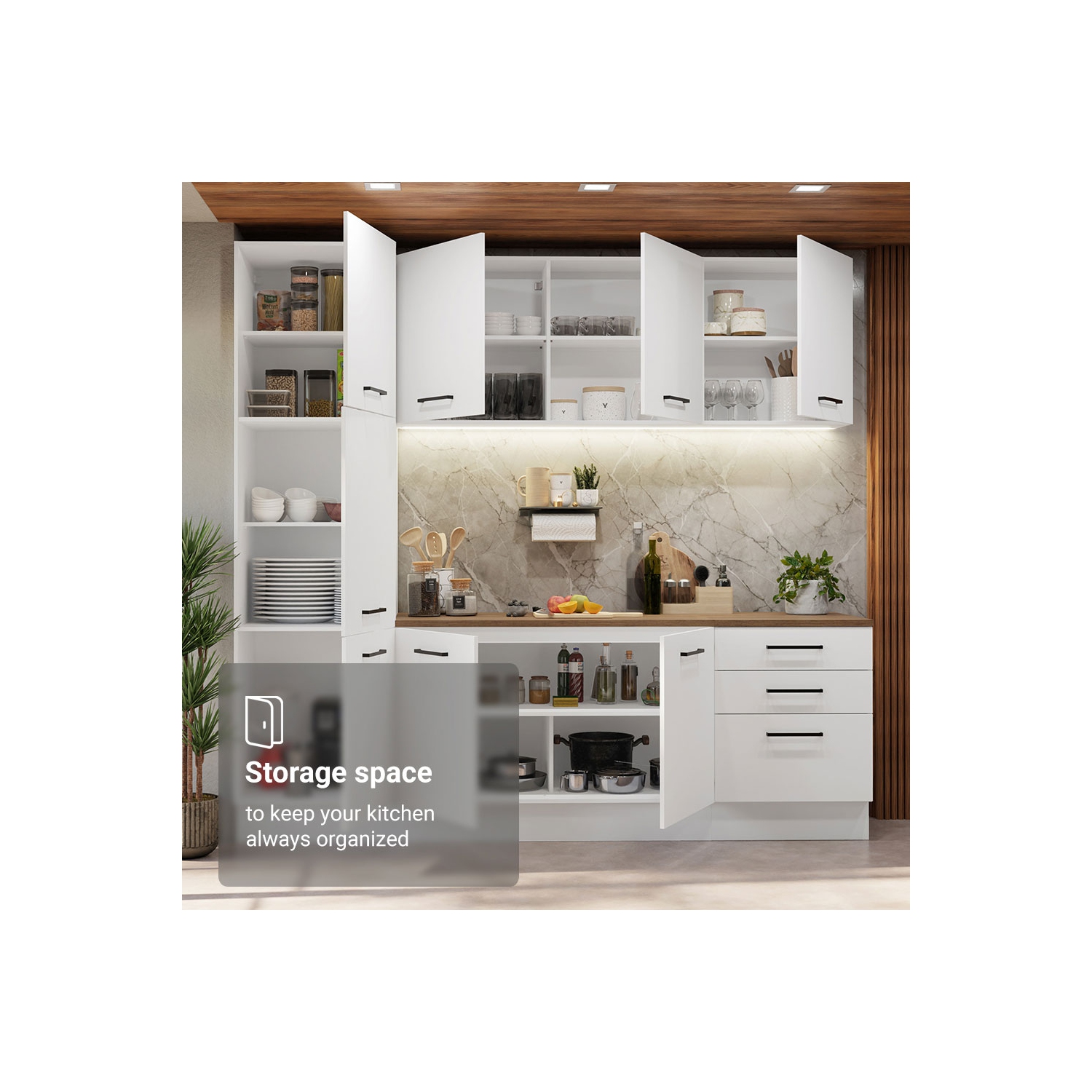 Ensemble de cuisine Hazel de 94&nbsp;po de long. Rangement garde-manger de Madesa 3 tiroirs 2 armoire murale 2 armoire de base Unité de rangement à