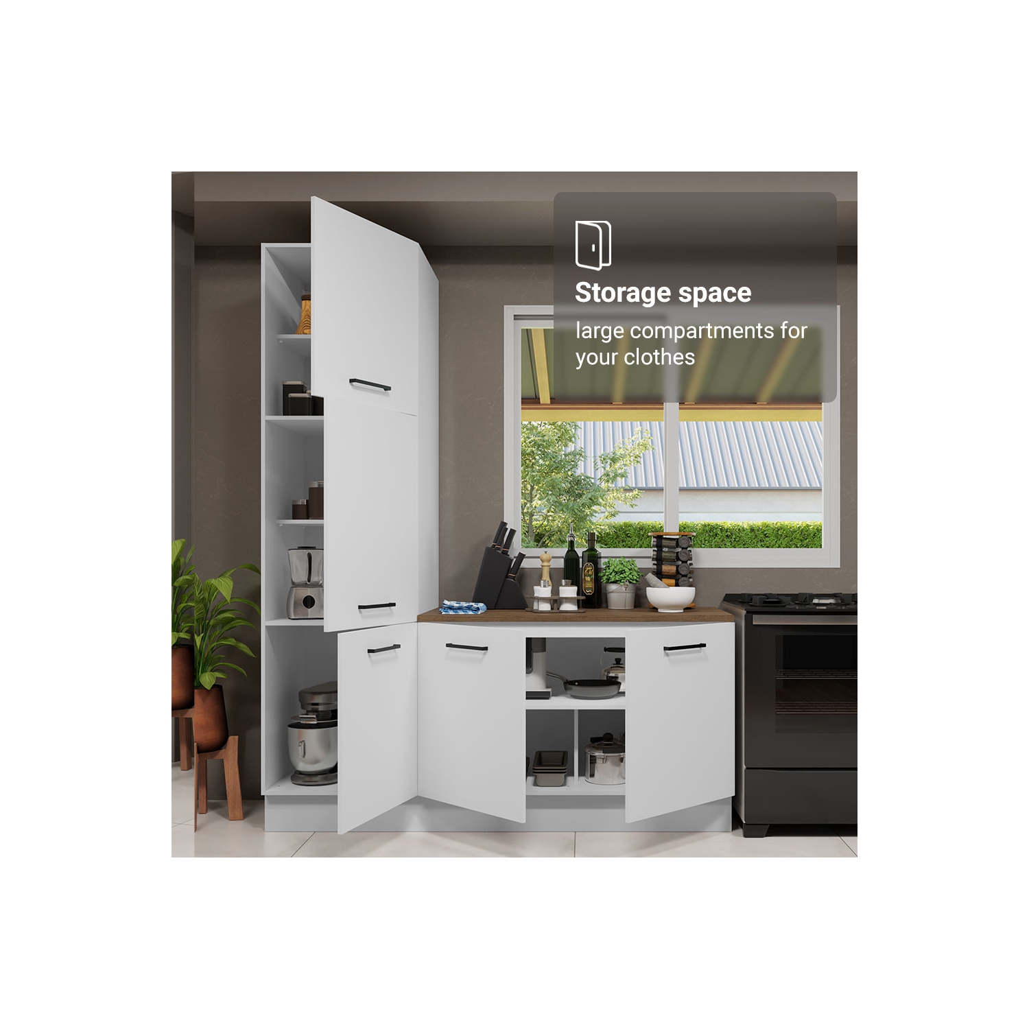 Madesa Hazel Kitchen Set 70"L Pantry Storage and Base Cabinet Engineered Wood Multiple Compartments Organization Unit - White