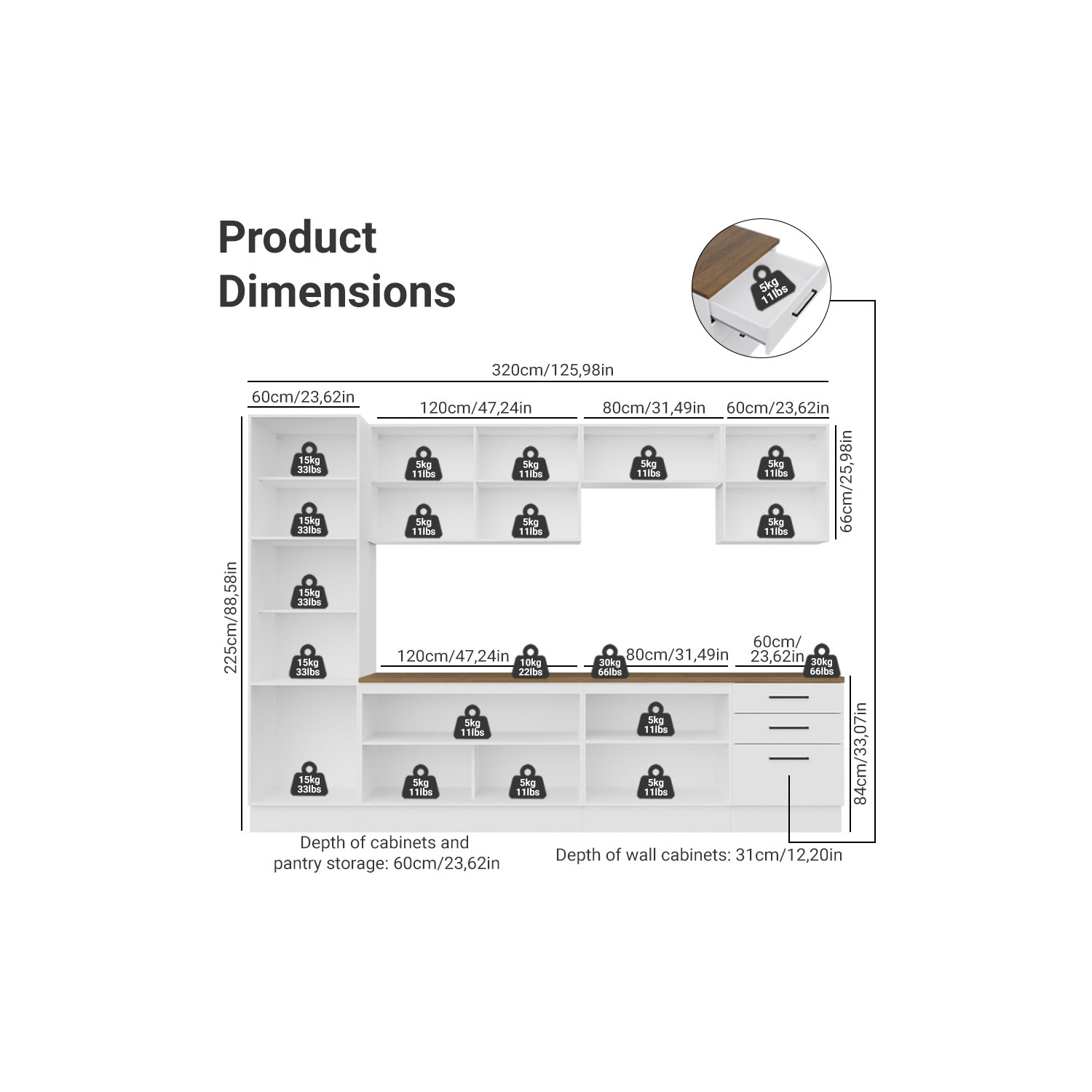 Ensemble de cuisine Madesa Hazel Rangement de 126&nbsp;po de long pour garde-manger 3 tiroirs 3 armoires murales 3 armoires de base Unité de