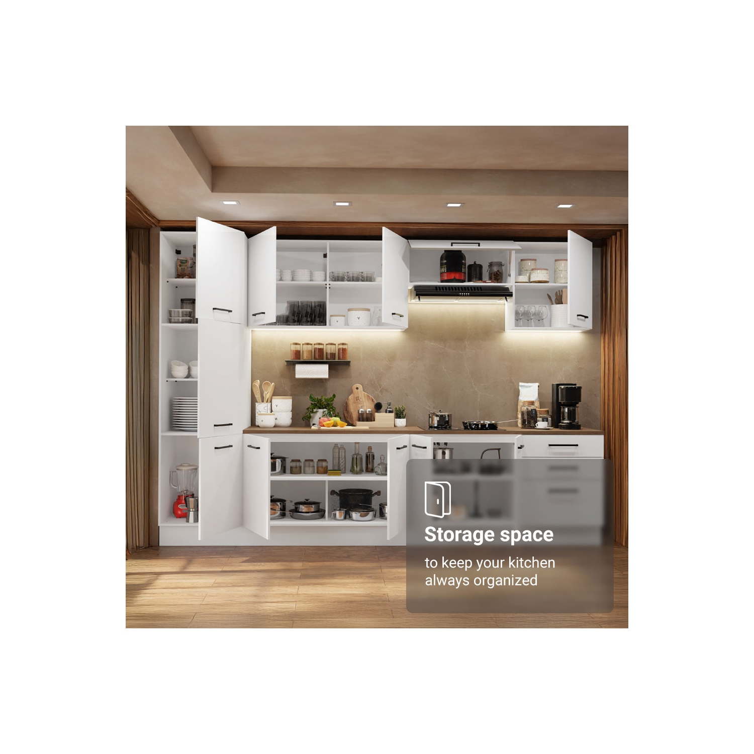 Ensemble de cuisine Madesa Hazel Rangement de 126&nbsp;po de long pour garde-manger 3 tiroirs 3 armoires murales 3 armoires de base Unité de