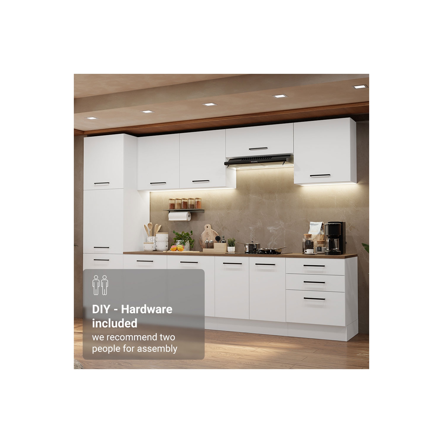 Ensemble de cuisine Madesa Hazel Rangement de 126&nbsp;po de long pour garde-manger 3 tiroirs 3 armoires murales 3 armoires de base Unité de