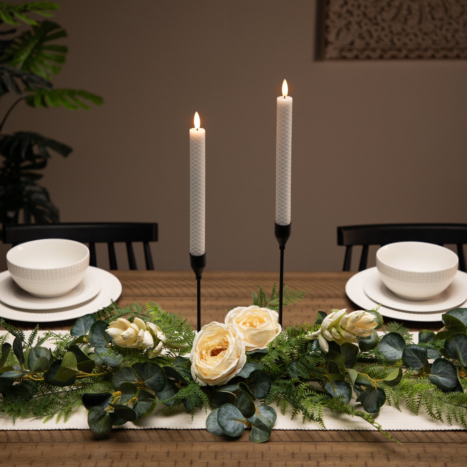 LED Flickering Flameless Taper Honeycomb Christmas Candles - 9.5" - White - Set of 2