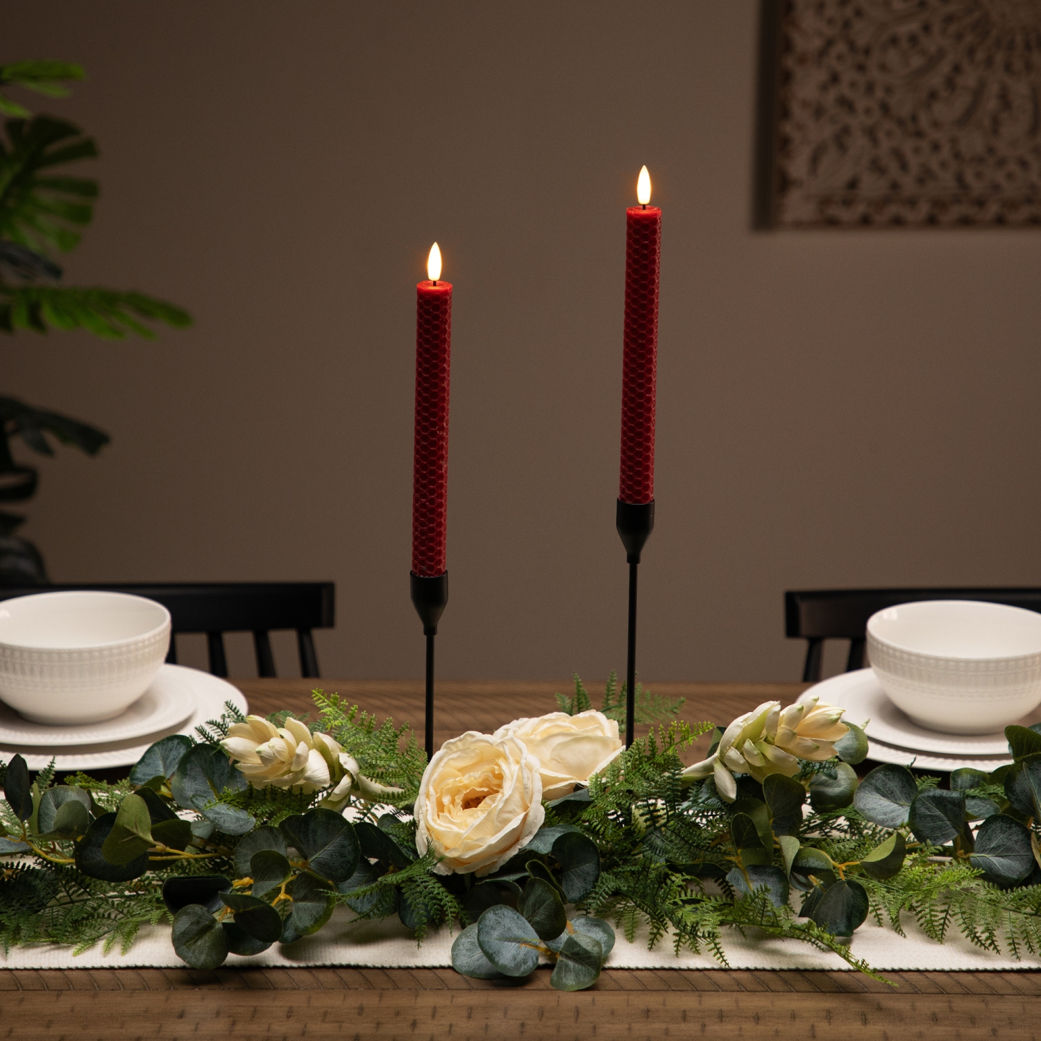 LED Flickering Flameless Taper Honeycomb Christmas Candles - 9.5" - Red - Set of 2