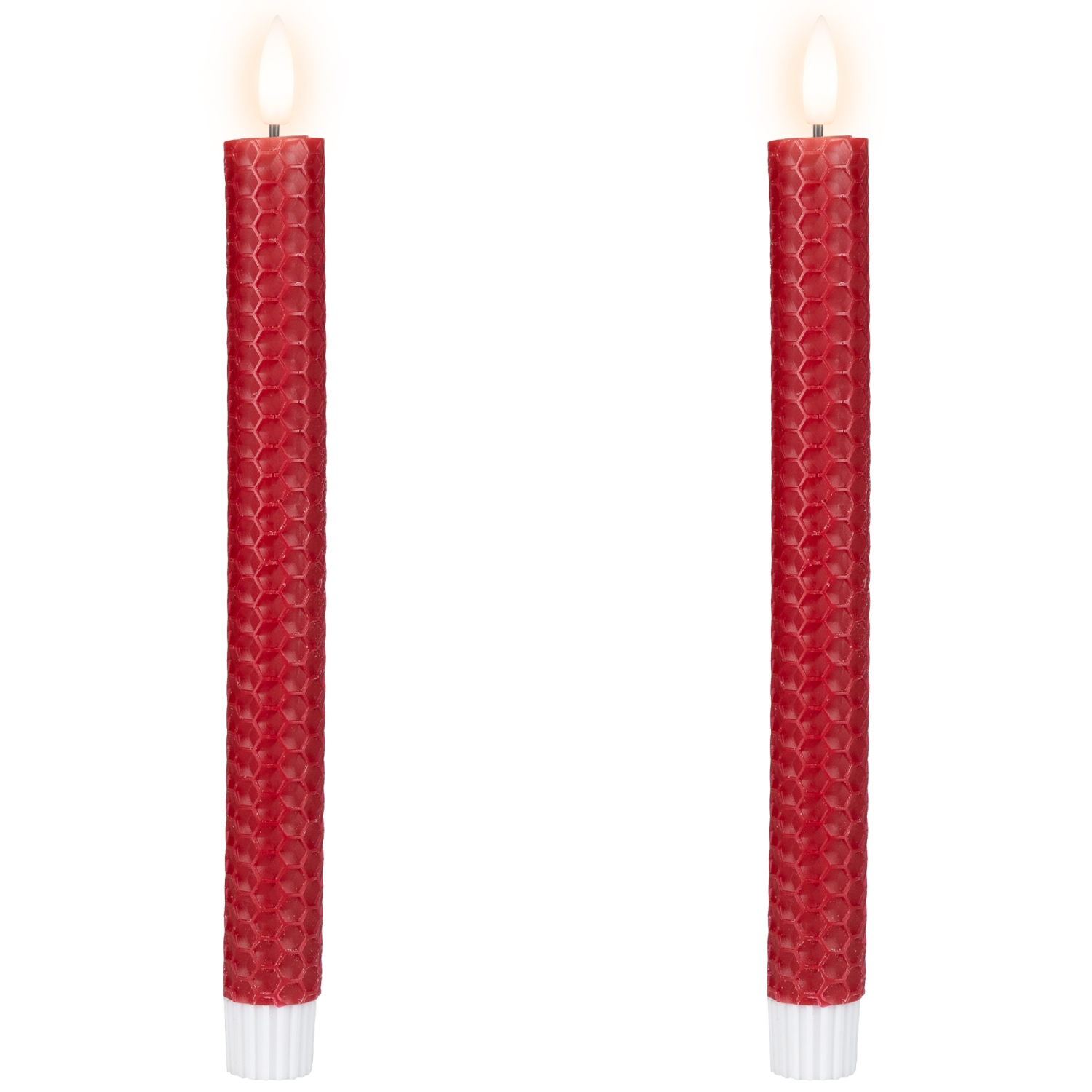 LED Flickering Flameless Taper Honeycomb Christmas Candles - 9.5" - Red - Set of 2