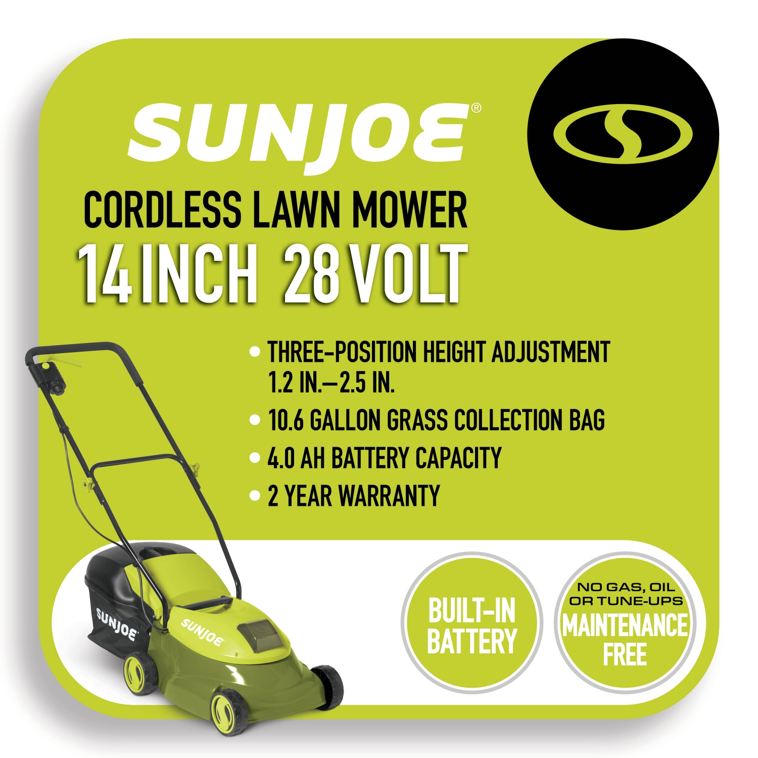 Sun Joe 14-Inch 28-Volt Max Lithium-Ion 4-Amp Cordless Lawn Mower W/Brushless Motor