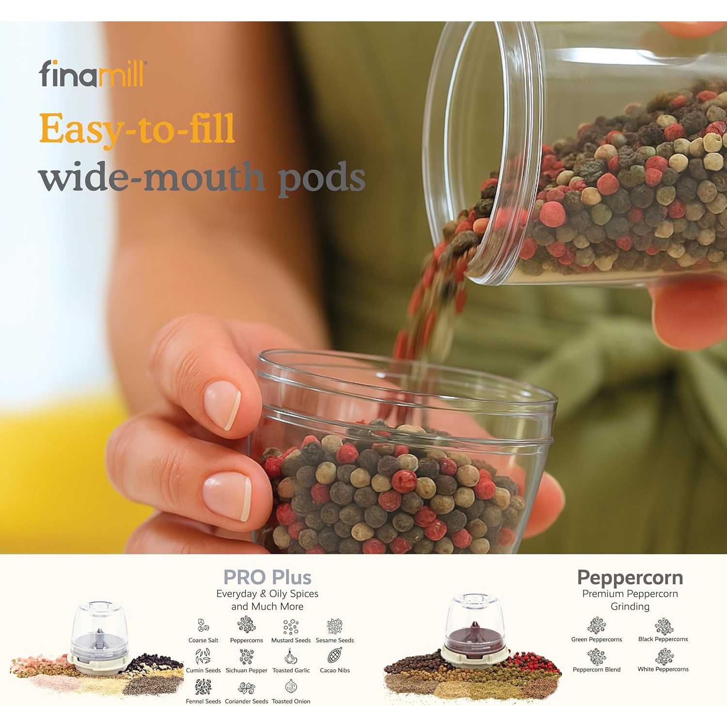 FINAMILL Grinder with 2 Pods, Rechargeable, Soft Cream