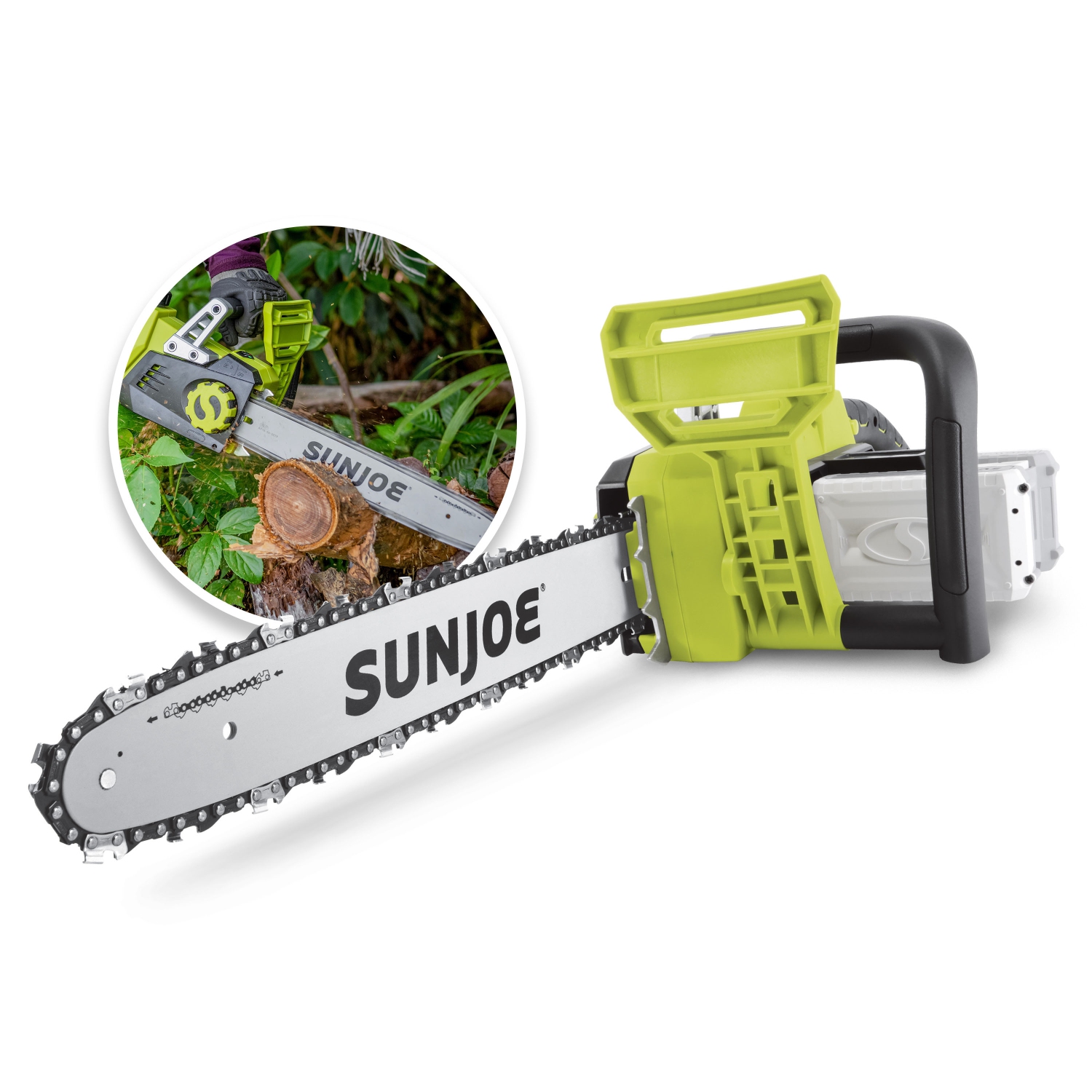 48&nbsp;V iON+ de Sun Joe, 2,0 Ah, 16&nbsp;po Scie à chaîne sans fil, avec batteries, chargeur