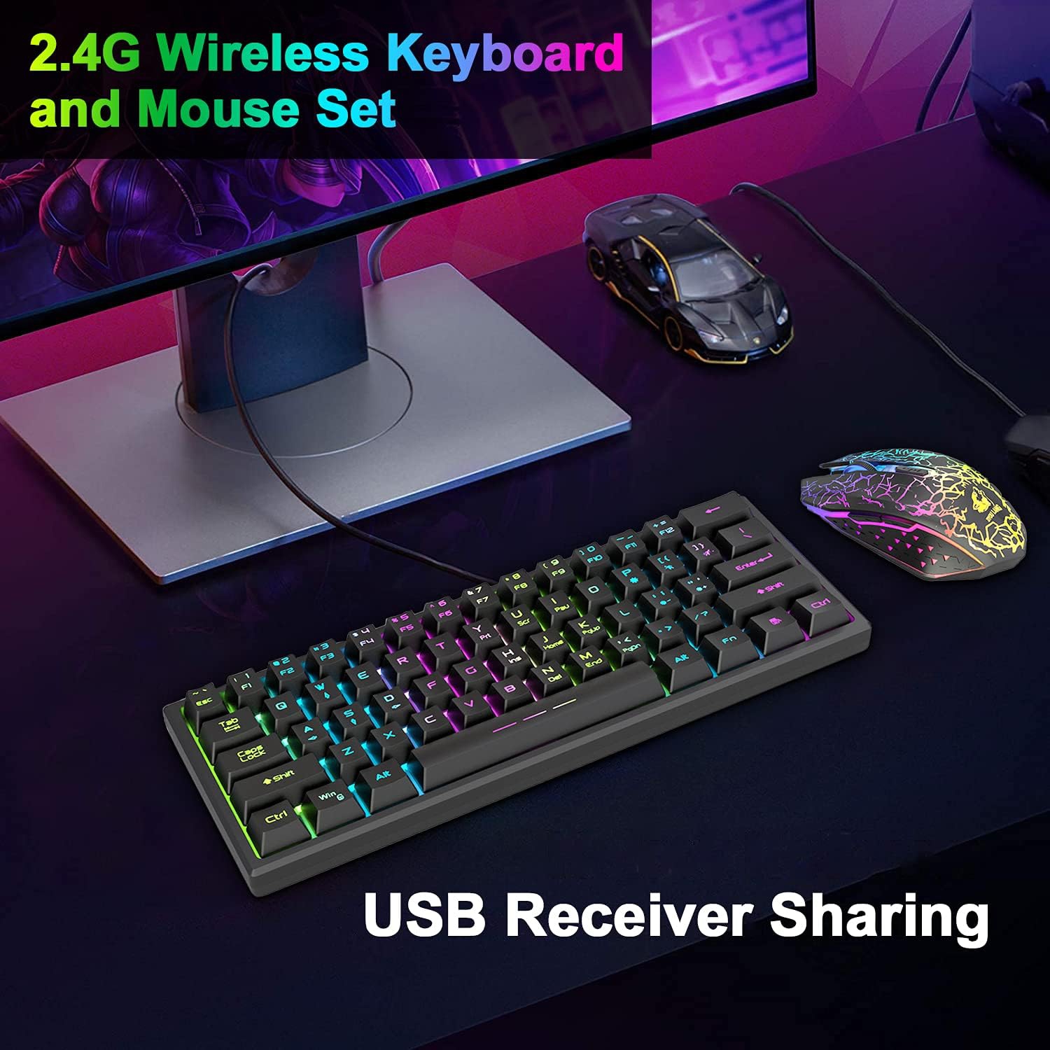 LexonElec Wireless Gaming Keyboard and Mouse Combo - 61-Key RGB Backlit Keyboard, Rechargeable, Ergonomic, for PC, PS4, Xbox One