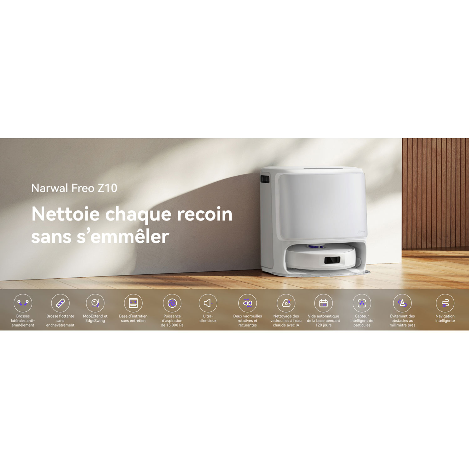 Aspirateur robot à vadrouille avec connectivité Wi-Fi Freo Z10 de Narwal avec ensemble de vadrouille en prime - Blanc