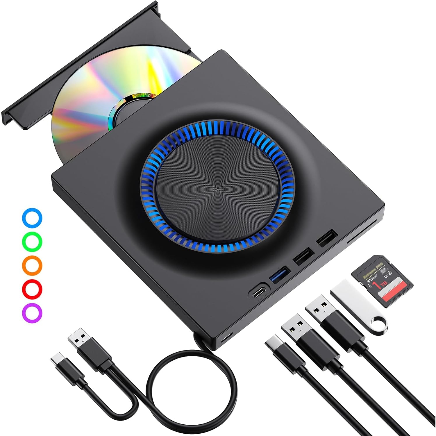 External DVD Drive, CD Drive Burner DVD Player with USB 3.0 & USB-C Hub and SD Card Reader, Portable DVD CD ROM +/-RW Disk Drive Writer
