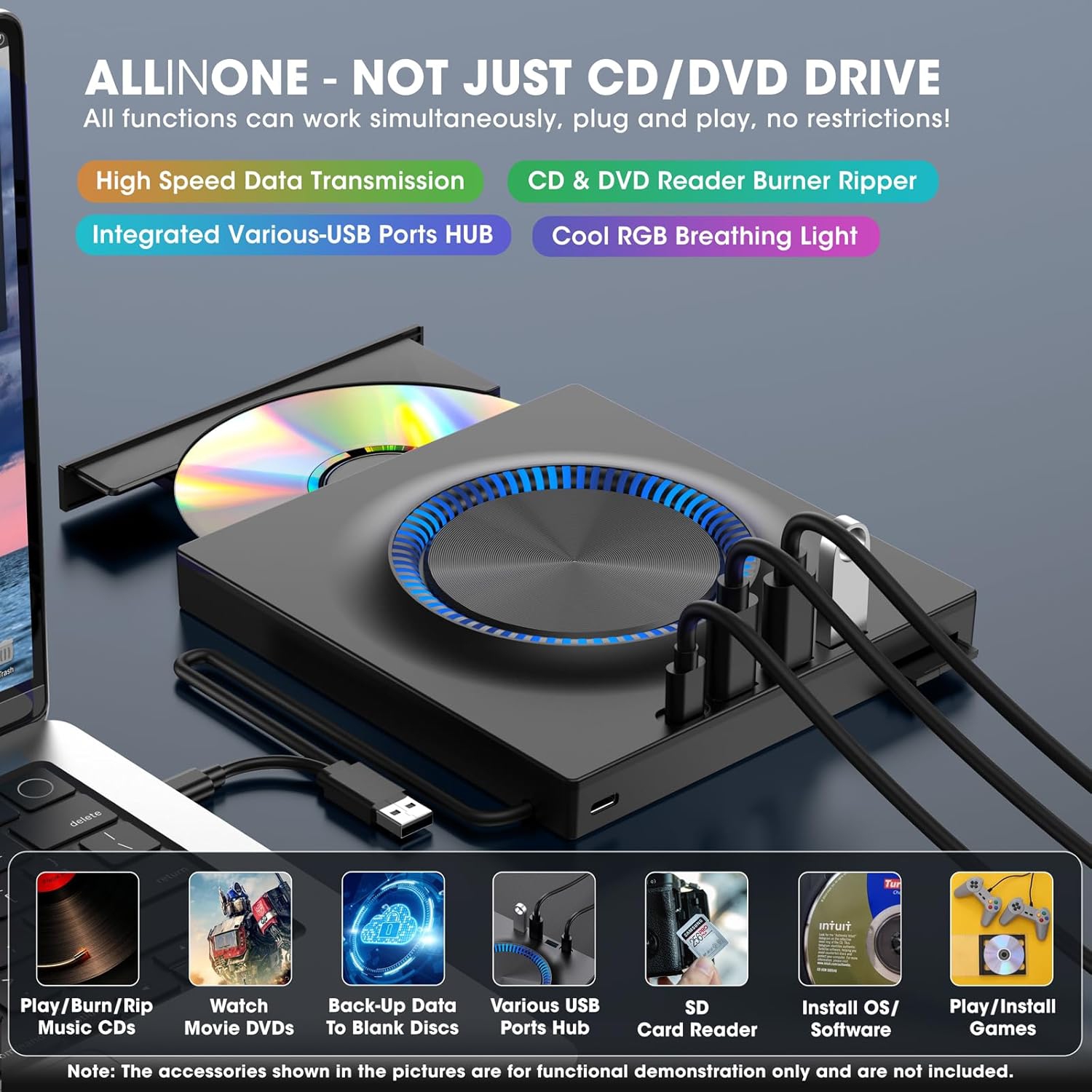 External DVD Drive, CD Drive Burner DVD Player with USB 3.0 & USB-C Hub and SD Card Reader, Portable DVD CD ROM +/-RW Disk Drive Writer