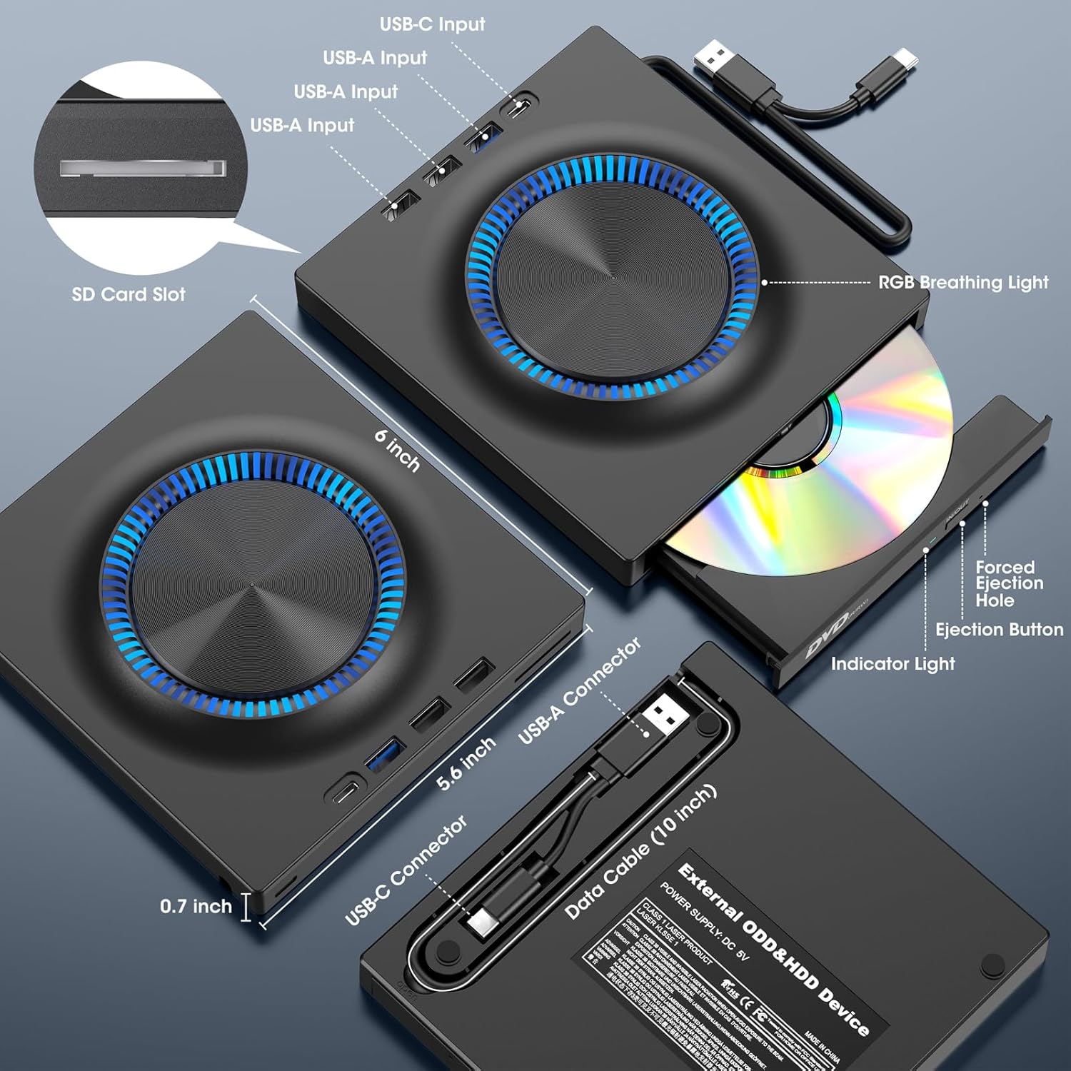 External DVD Drive, CD Drive Burner DVD Player with USB 3.0 & USB-C Hub and SD Card Reader, Portable DVD CD ROM +/-RW Disk Drive Writer
