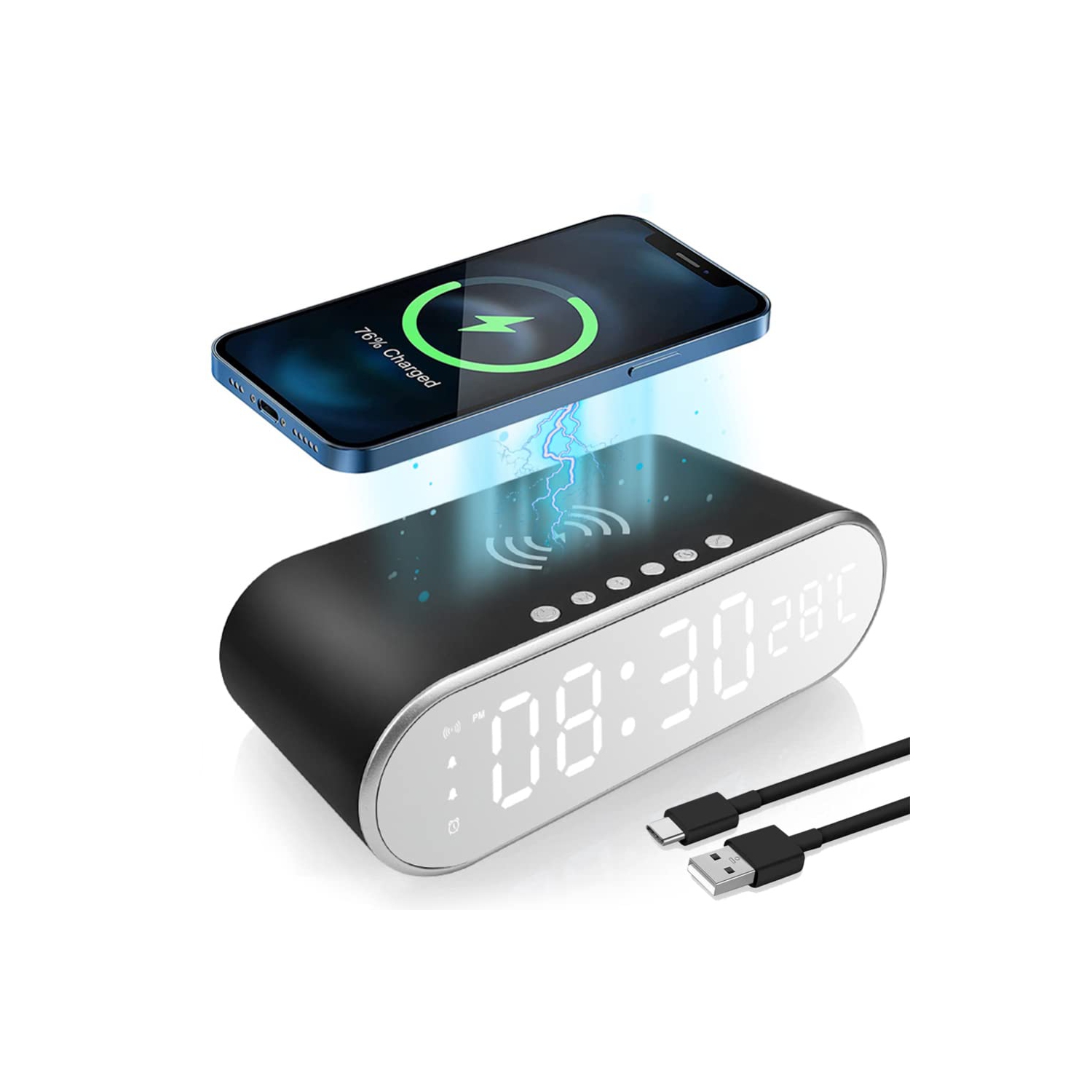 Réveille-matin numérique avec recharge sans fil, chargeur sans fil Horloge avec mode de rappel de ligne de recharge Température 12/24H Minuterie de