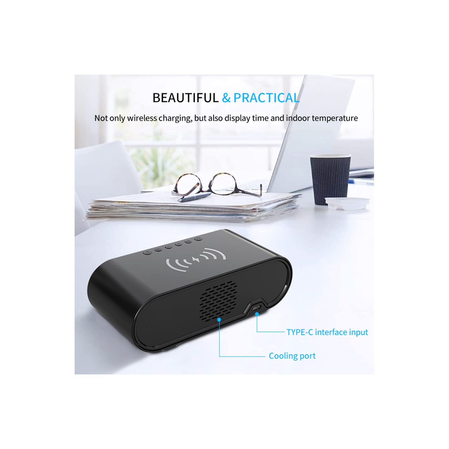 Réveille-matin numérique avec recharge sans fil, chargeur sans fil Horloge avec mode de rappel de ligne de recharge Température 12/24H Minuterie de